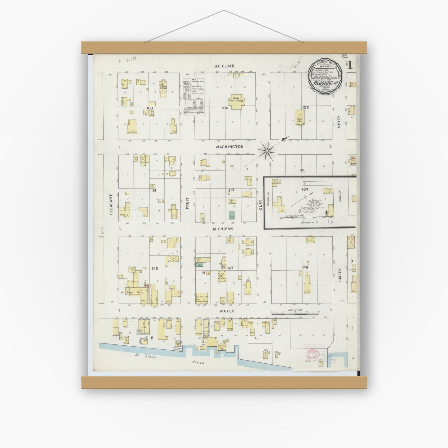 Old map wall art mockup — magnetic wood frame on white wall — Sanborn Fire Insurance Map from Algonac, Saint Clair County, Michigan (1895) - Complete Map Set