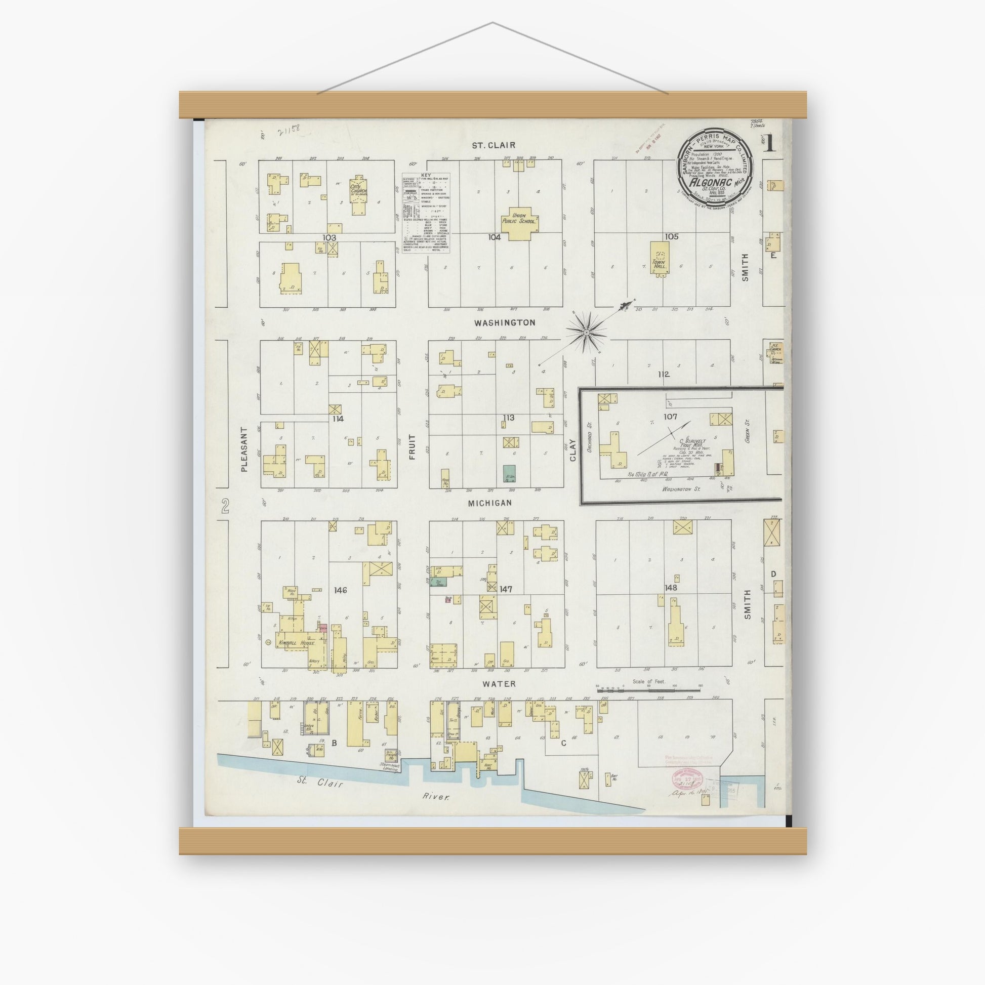 Old map wall art mockup — magnetic wood frame on white wall — Sanborn Fire Insurance Map from Algonac, Saint Clair County, Michigan (1895) - Complete Map Set