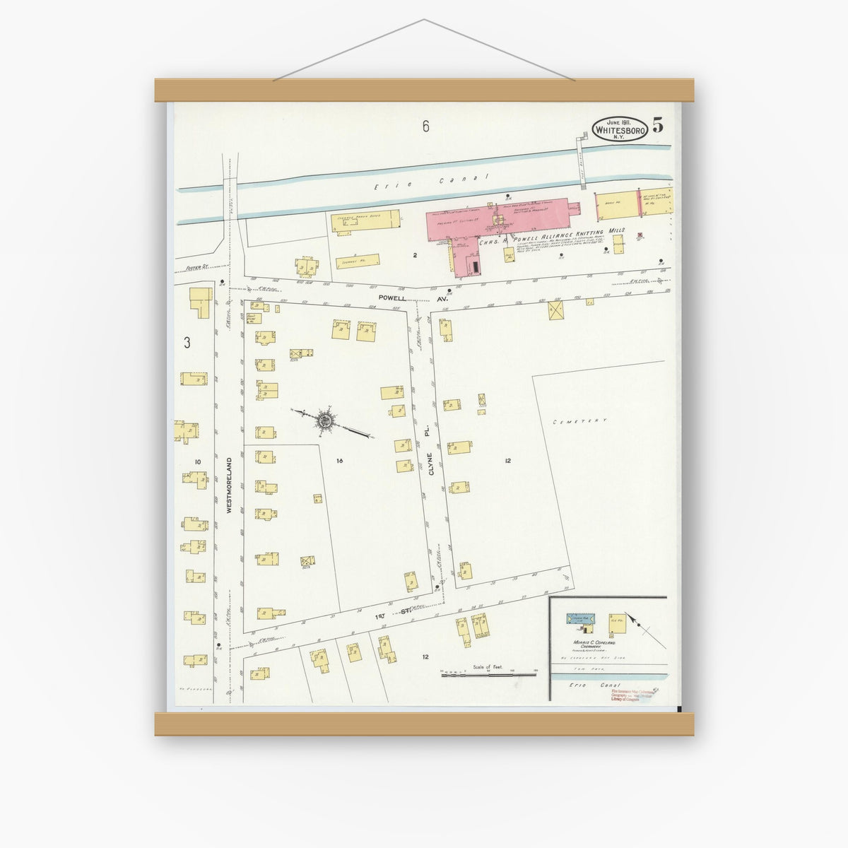 Old map wall art mockup — magnetic wood frame on white wall — Sanborn Fire Insurance Map from Whitesboro, Oneida County, New York (1911), Sheet #0005