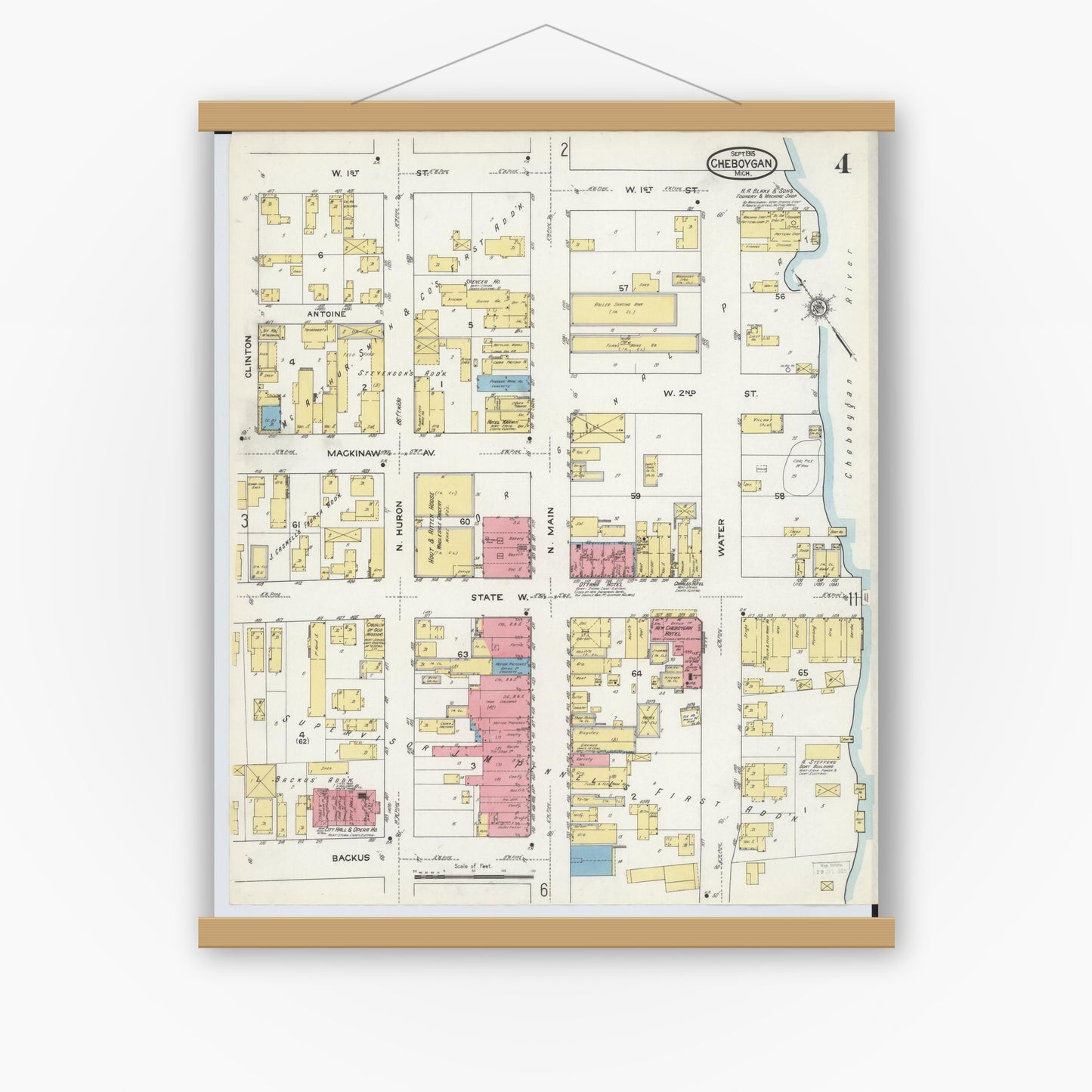 Old map wall art mockup — magnetic wood frame on white wall — Sanborn Fire Insurance Map from Cheboygan, Cheboygan County, Michigan (1915), Sheet #0004
