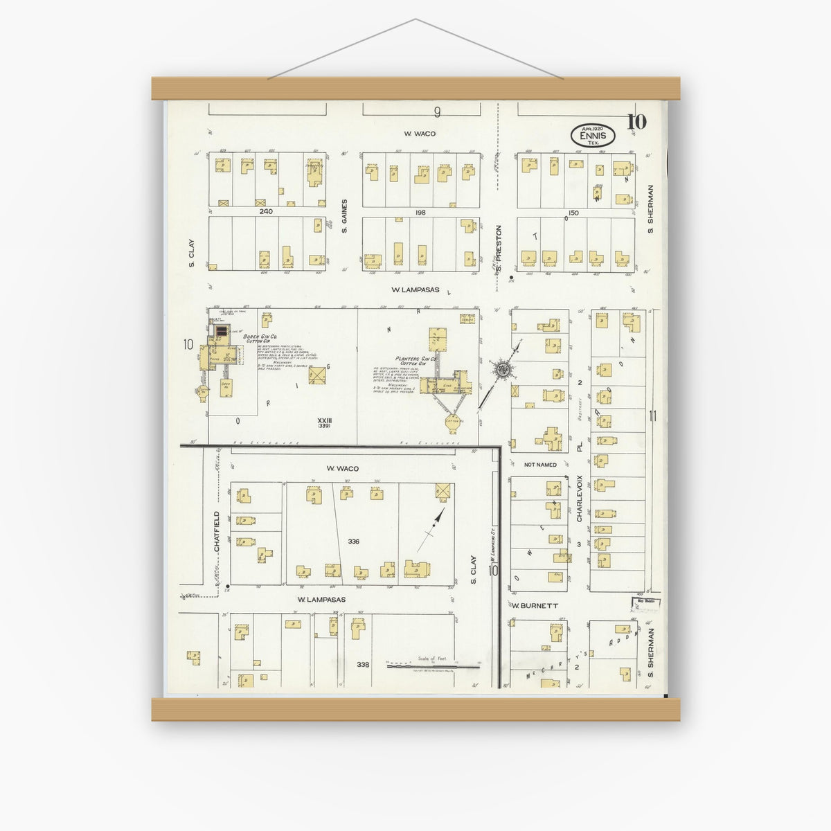 Old map wall art mockup — magnetic wood frame on white wall — Sanborn Fire Insurance Map from Ennis, Ellis County, Texas (1920), Sheet #0010