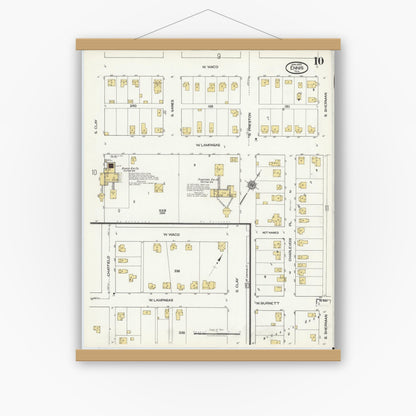 Old map wall art mockup — magnetic wood frame on white wall — Sanborn Fire Insurance Map from Ennis, Ellis County, Texas (1920), Sheet #0010