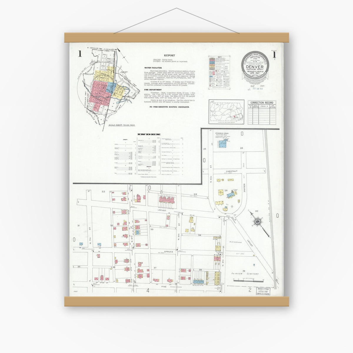 Old map wall art mockup — magnetic wood frame on white wall — Sanborn Fire Insurance Map from Denver, Lancaster County, Pennsylvania (1947) - Complete Map Set
