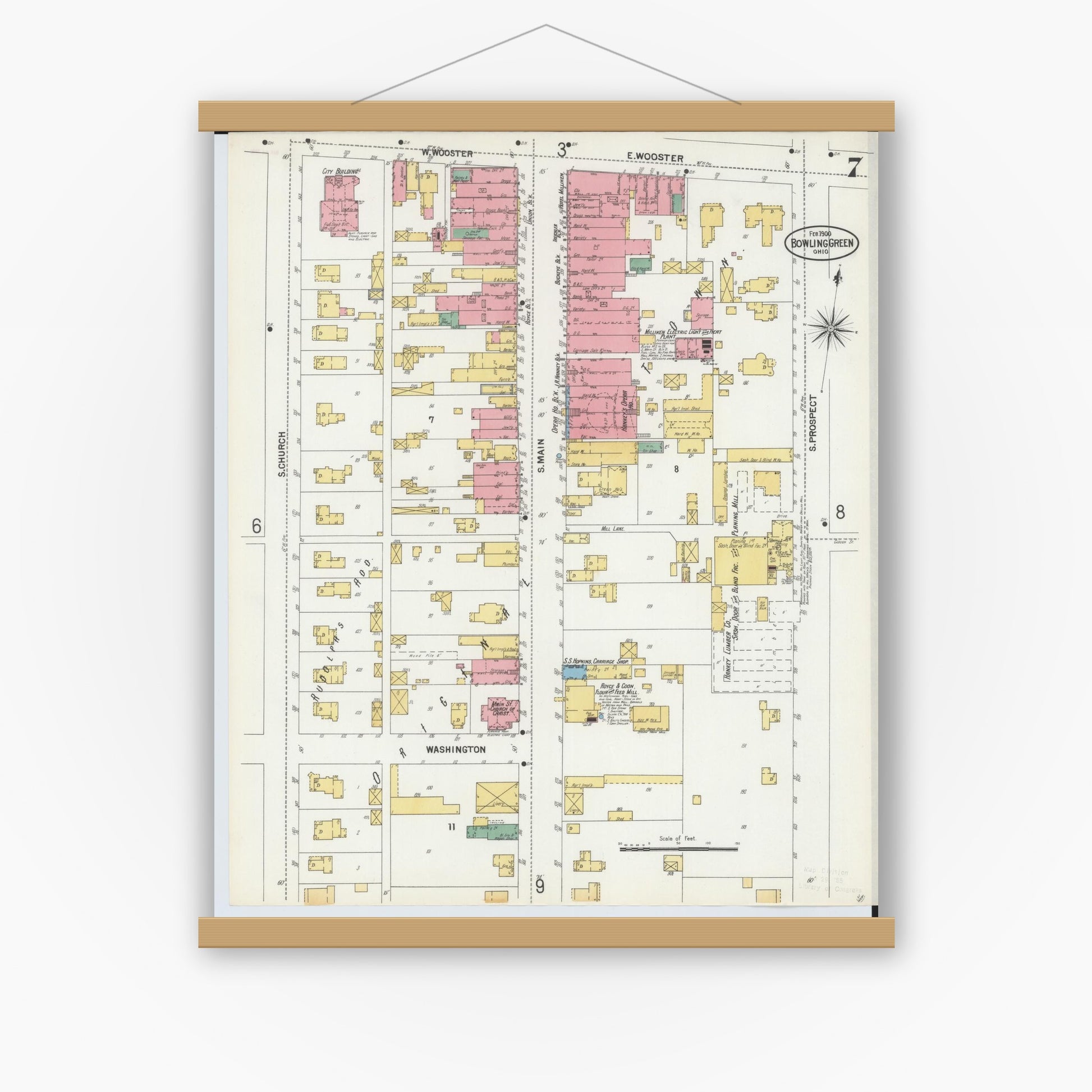 Old map wall art mockup — magnetic wood frame on white wall — Sanborn Fire Insurance Map from Bowling Green, Wood County, Ohio (1900), Sheet #0007