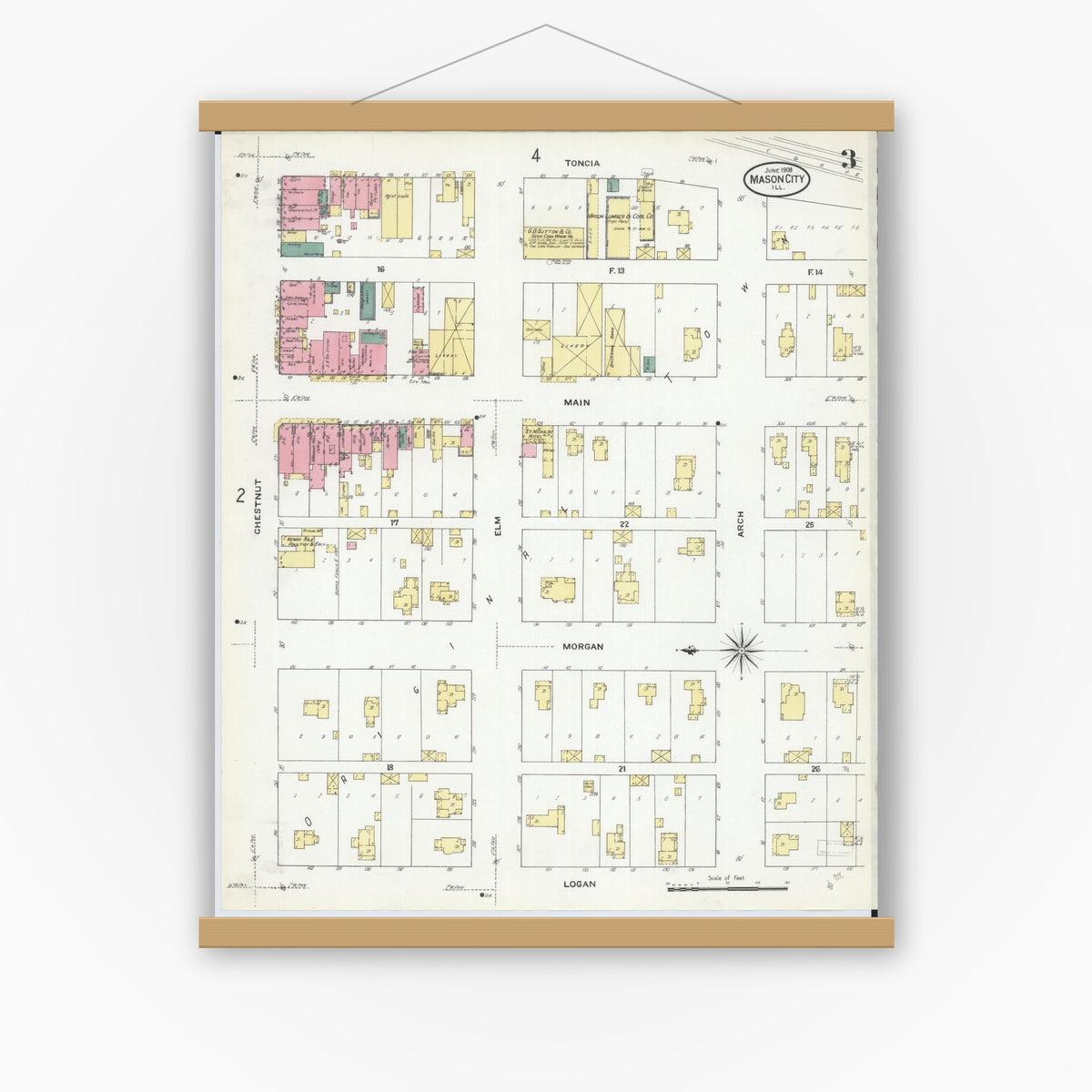 Old map wall art mockup — magnetic wood frame on white wall — Sanborn Fire Insurance Map from Mason City, Mason County, Illinois (1909), Sheet #0003