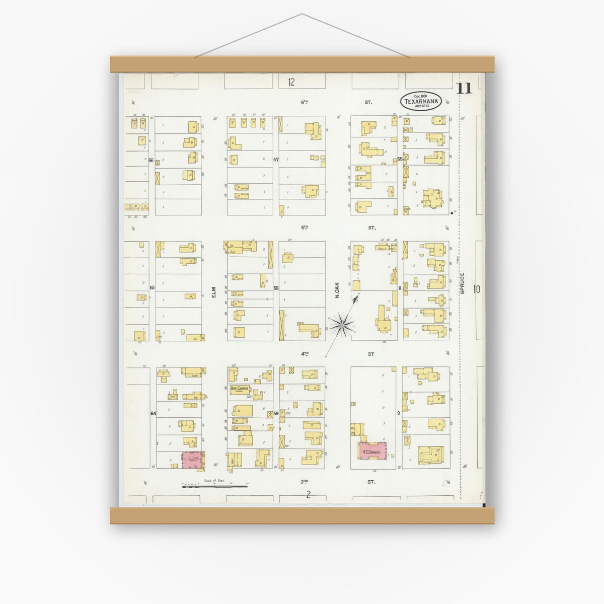 Old map wall art mockup — magnetic wood frame on white wall — Sanborn Fire Insurance Map from Texarkana, Bowie County, Texas (1900), Sheet #0011