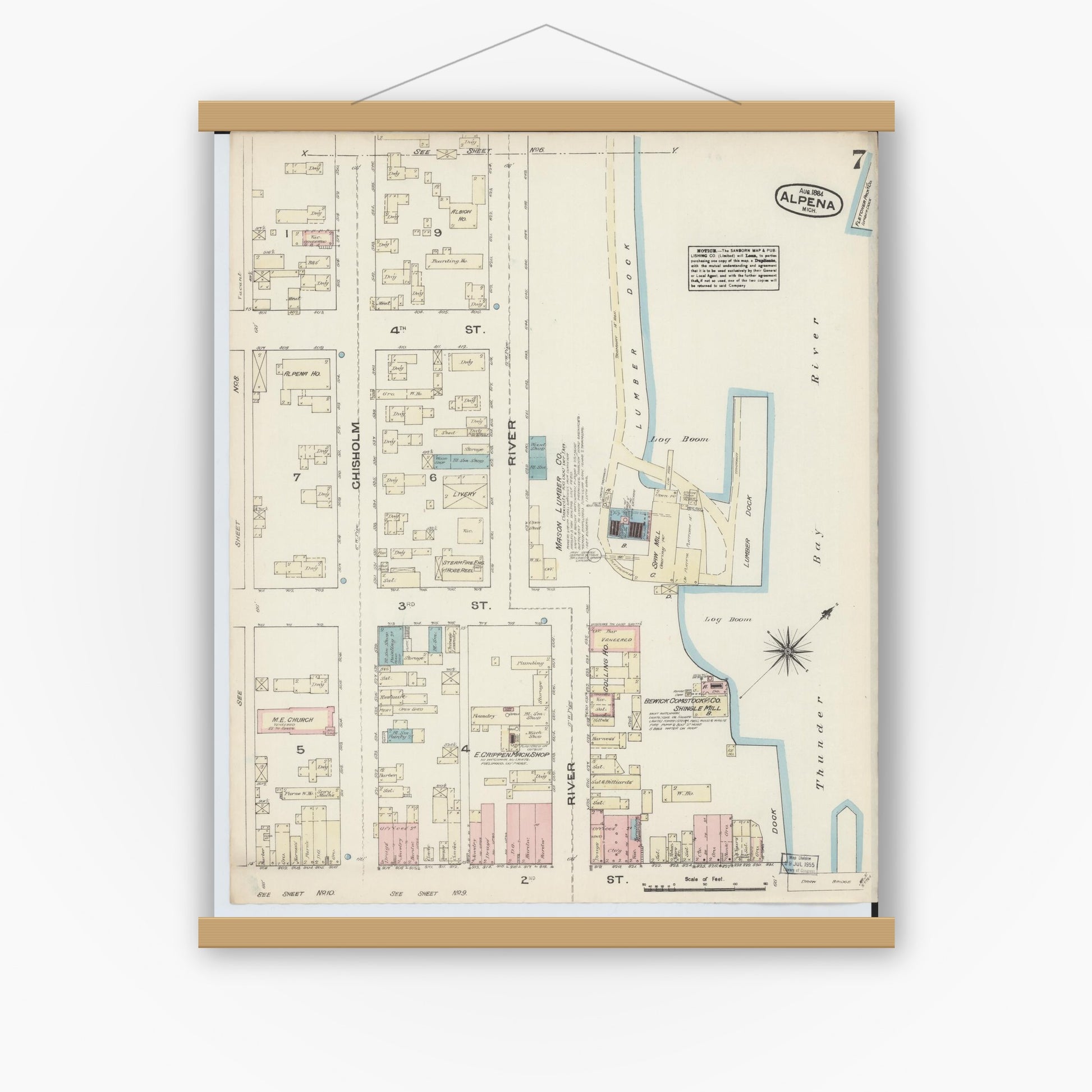 Old map wall art mockup — magnetic wood frame on white wall — Sanborn Fire Insurance Map from Alpena, Alpena County, Michigan (1884), Sheet #0007