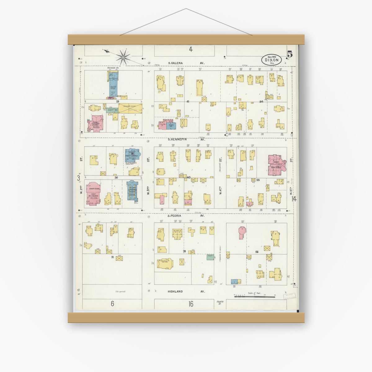 Old map wall art mockup — magnetic wood frame on white wall — Sanborn Fire Insurance Map from Dixon, Lee County, Illinois (1902), Sheet #0005
