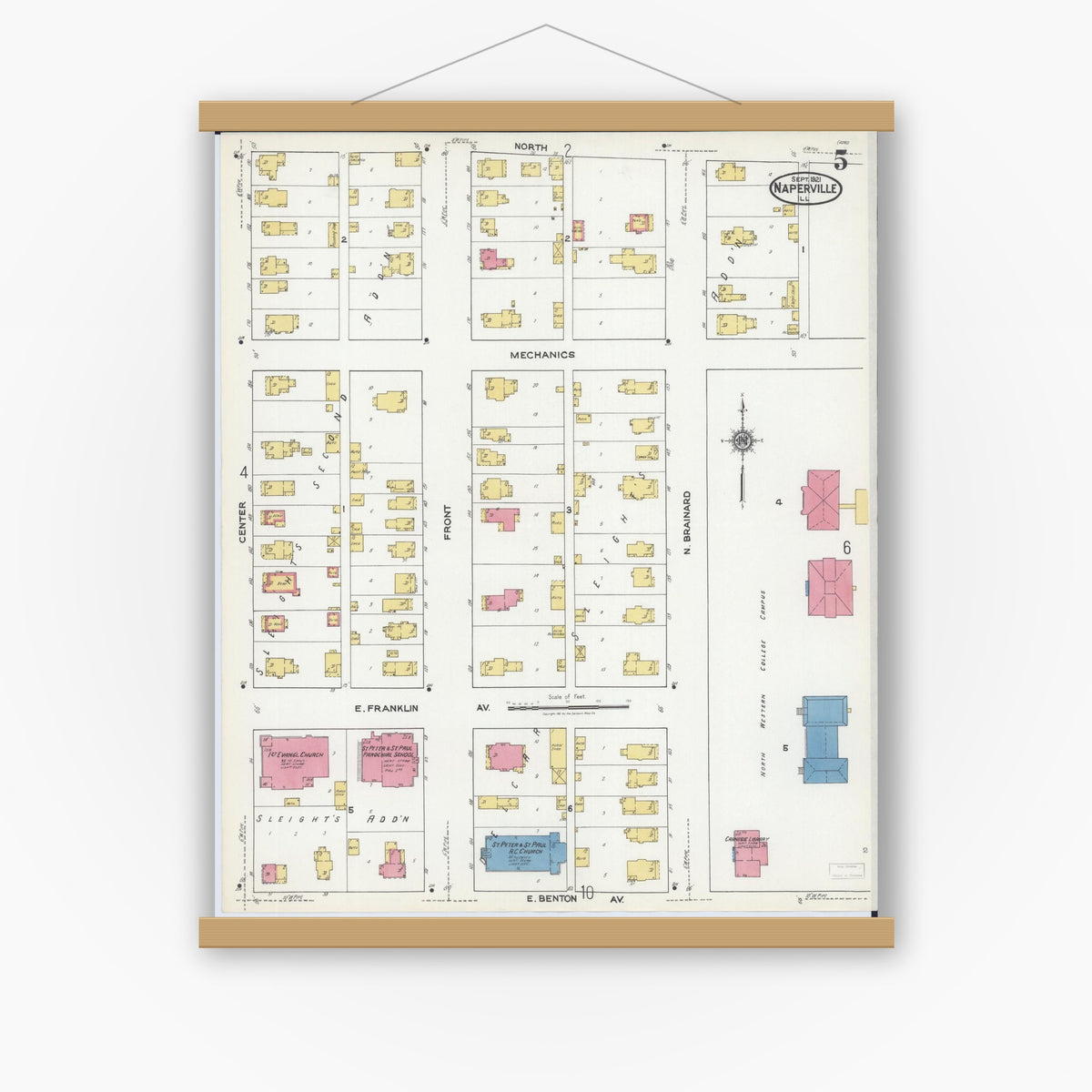 Old map wall art mockup — magnetic wood frame on white wall — Sanborn Fire Insurance Map from Naperville, Du Page County, Illinois (1921), Sheet #0005