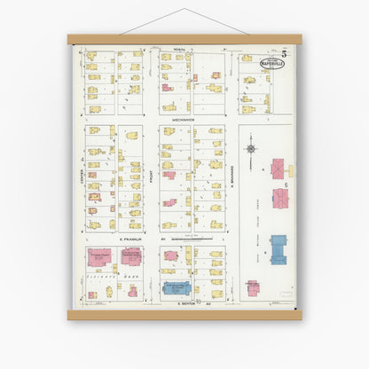 Old map wall art mockup — magnetic wood frame on white wall — Sanborn Fire Insurance Map from Naperville, Du Page County, Illinois (1921), Sheet #0005