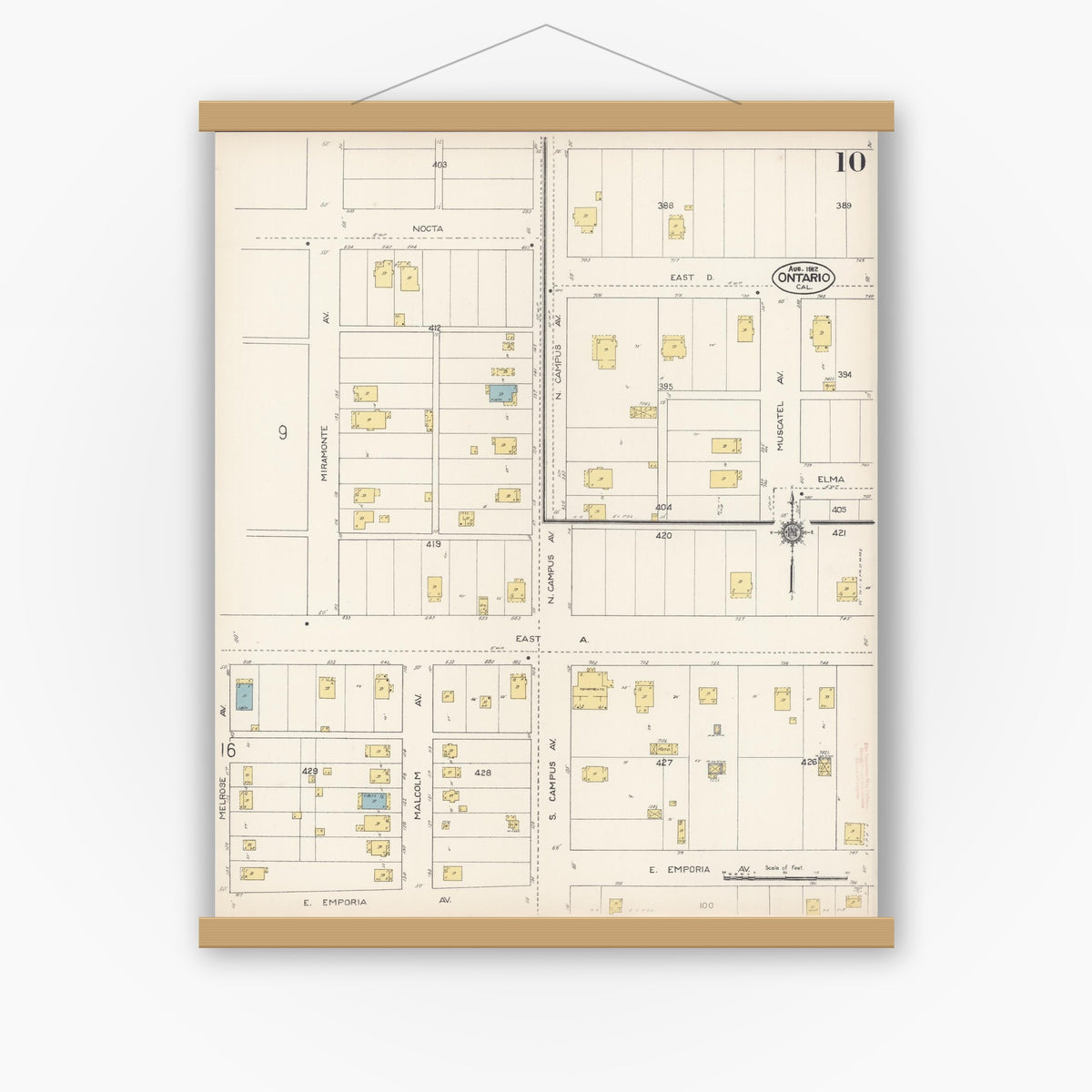 Old map wall art mockup — magnetic wood frame on white wall — Sanborn Fire Insurance Map from Ontario, San Bernardino County, California (1912), Sheet #0010