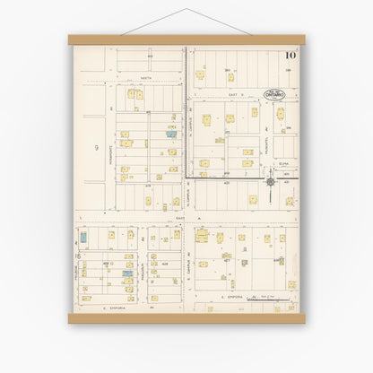 Old map wall art mockup — magnetic wood frame on white wall — Sanborn Fire Insurance Map from Ontario, San Bernardino County, California (1912), Sheet #0010