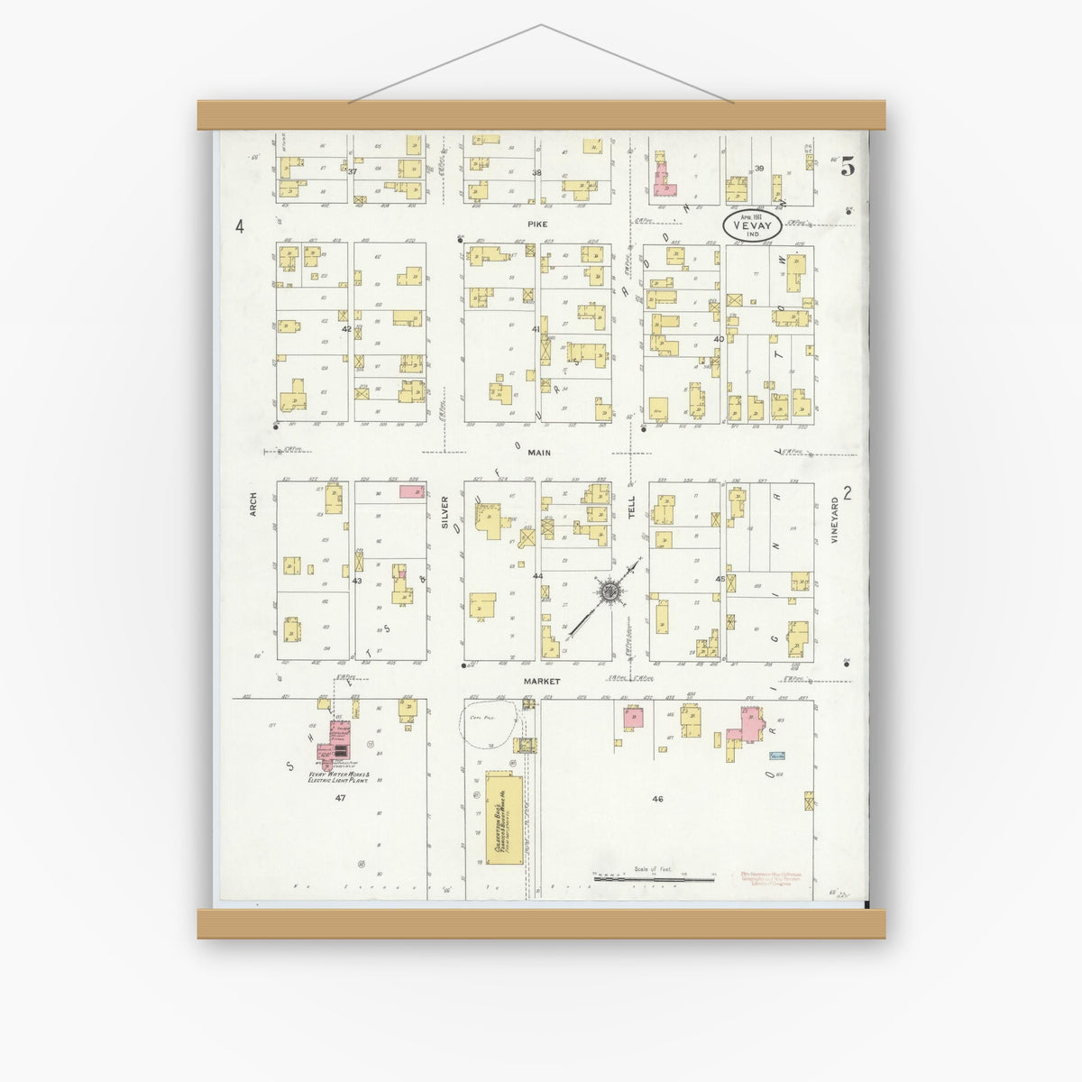 Old map wall art mockup — magnetic wood frame on white wall — Sanborn Fire Insurance Map from Vevay, Switzerland County, Indiana (1911), Sheet #0005