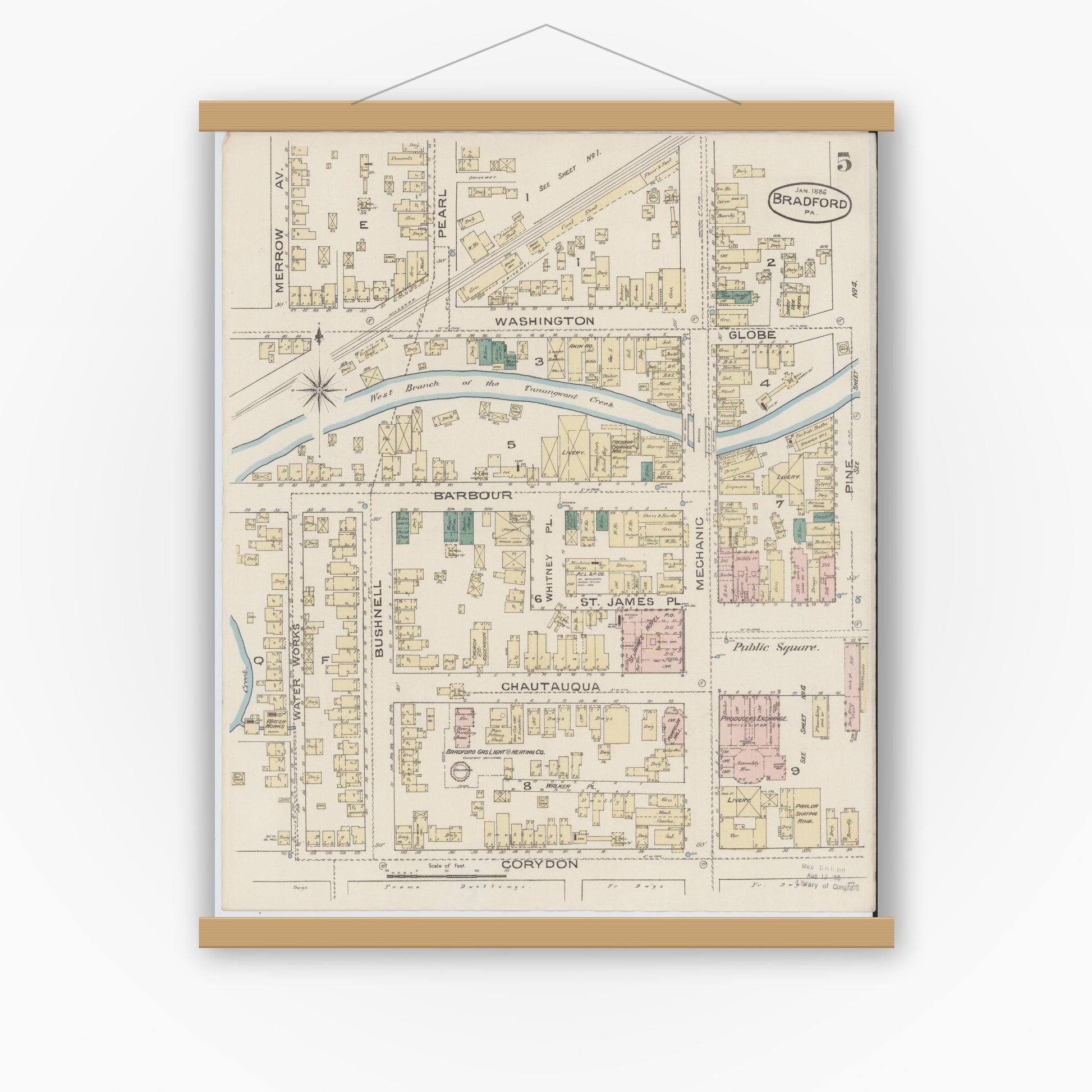 Old map wall art mockup — magnetic wood frame on white wall — Sanborn Fire Insurance Map from Bradford, McKean County, Pennsylvania (1886), Sheet #0005