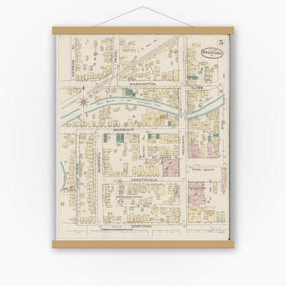 Old map wall art mockup — magnetic wood frame on white wall — Sanborn Fire Insurance Map from Bradford, McKean County, Pennsylvania (1886), Sheet #0005