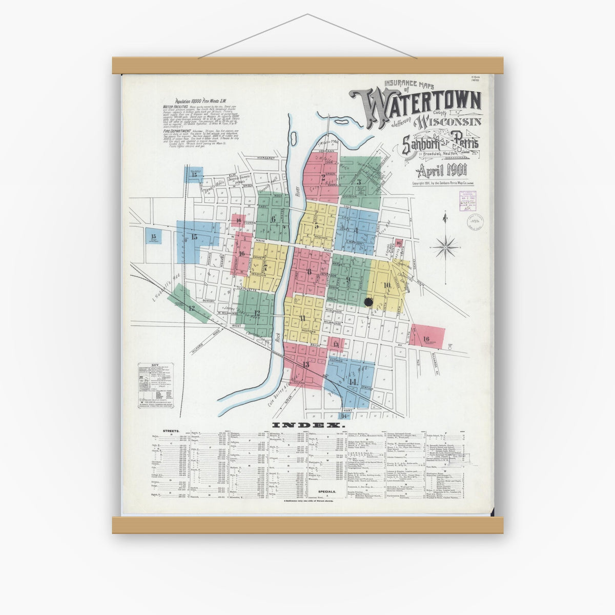 Old map wall art mockup — magnetic wood frame on white wall — Sanborn Fire Insurance Map from Watertown, Jefferson County, Wisconsin (1901), Sheet #0001