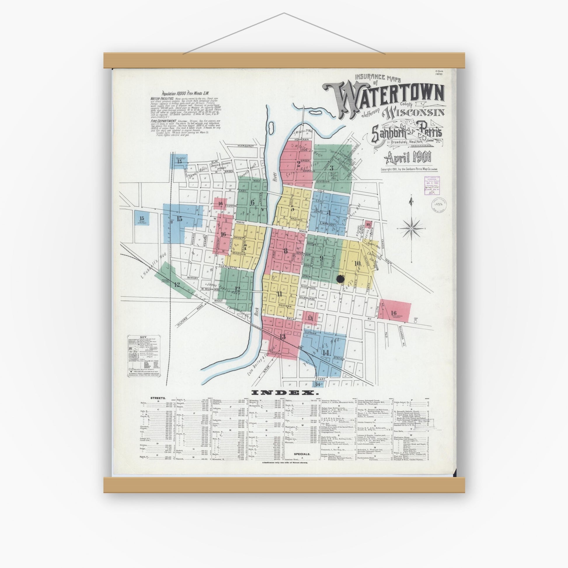 Old map wall art mockup — magnetic wood frame on white wall — Sanborn Fire Insurance Map from Watertown, Jefferson County, Wisconsin (1901), Sheet #0001