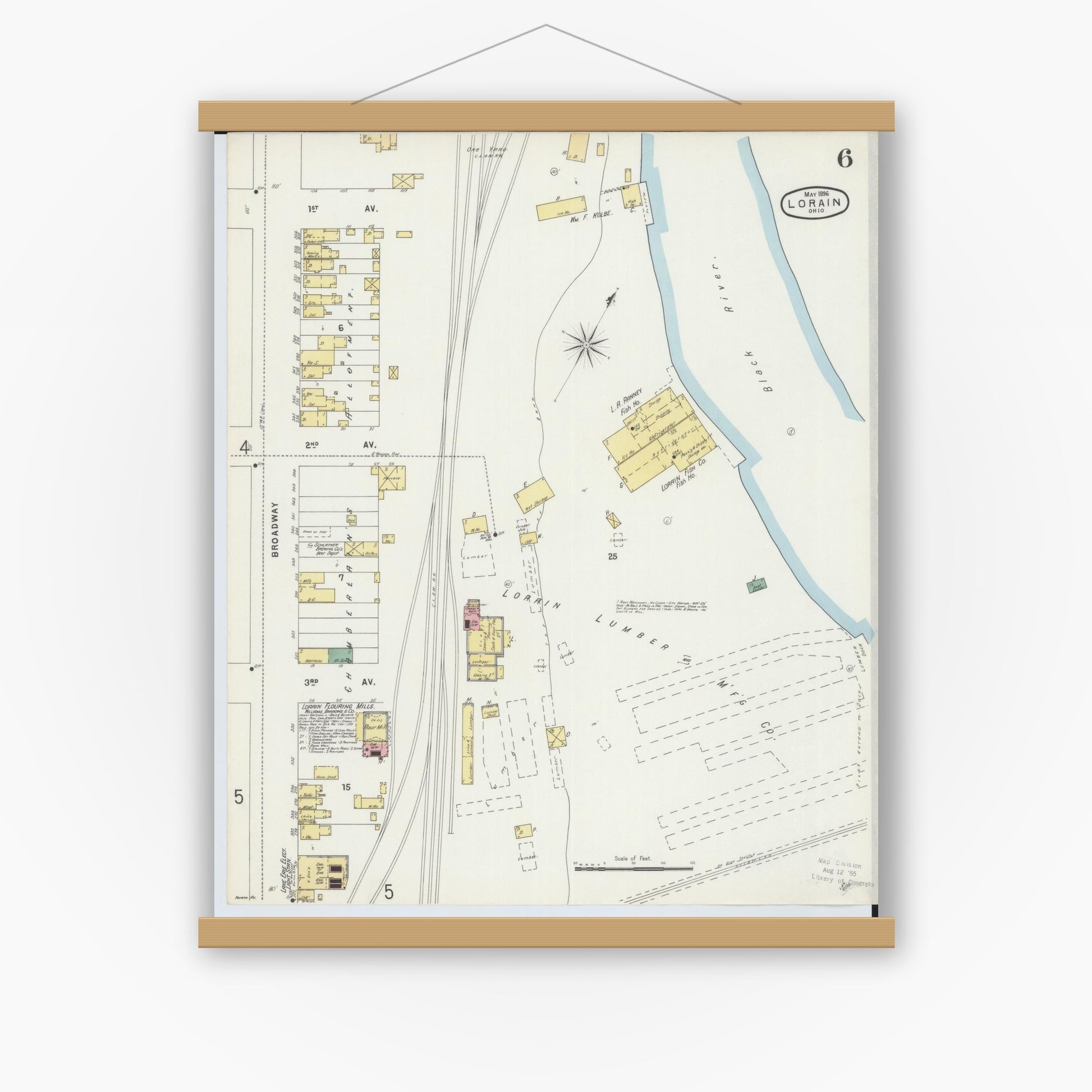 Old map wall art mockup — magnetic wood frame on white wall — Sanborn Fire Insurance Map from Lorain, Lorain County, Ohio (1896), Sheet #0006