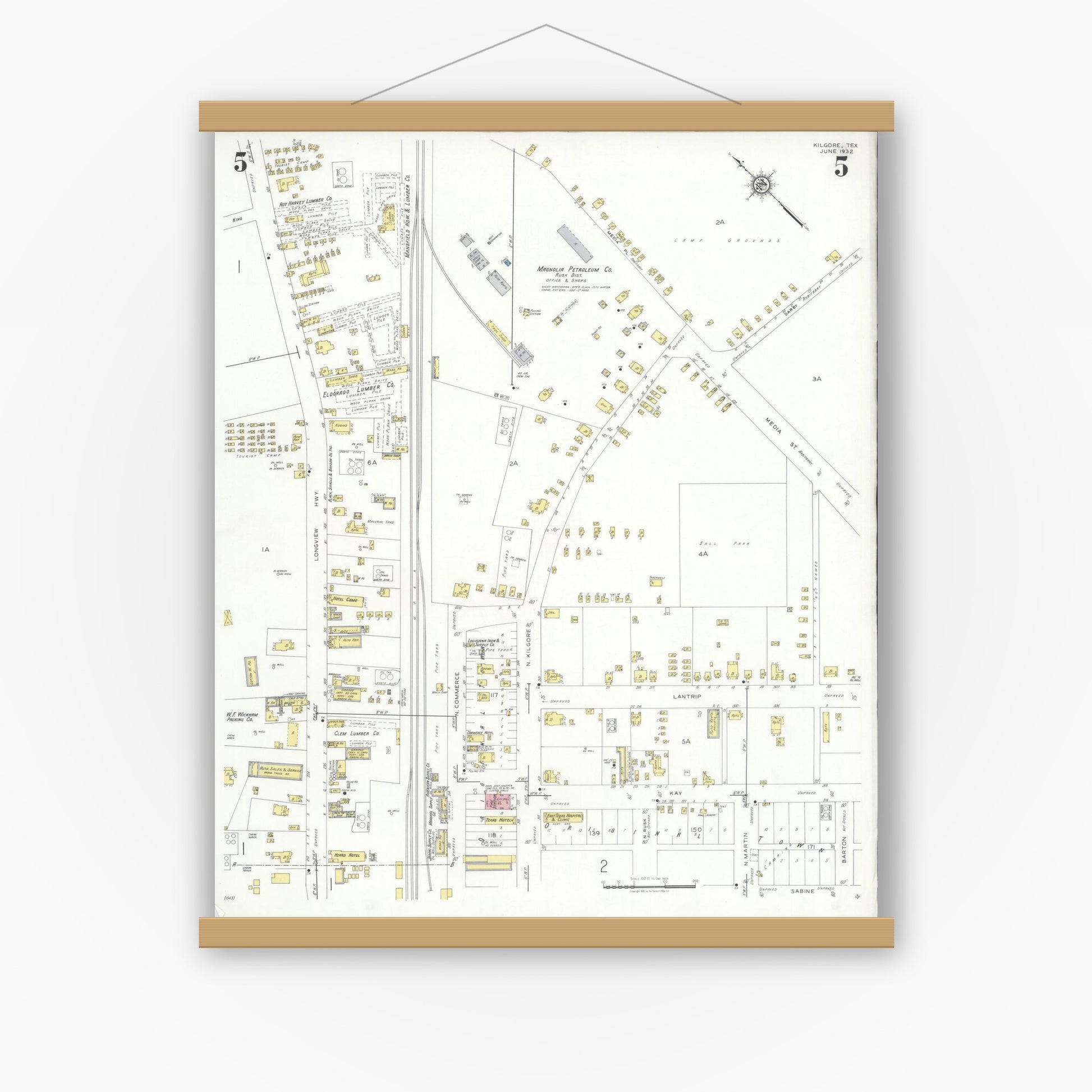 Old map wall art mockup — magnetic wood frame on white wall — Sanborn Fire Insurance Map from Kilgore, Gregg County, Texas (1932), Sheet #0005
