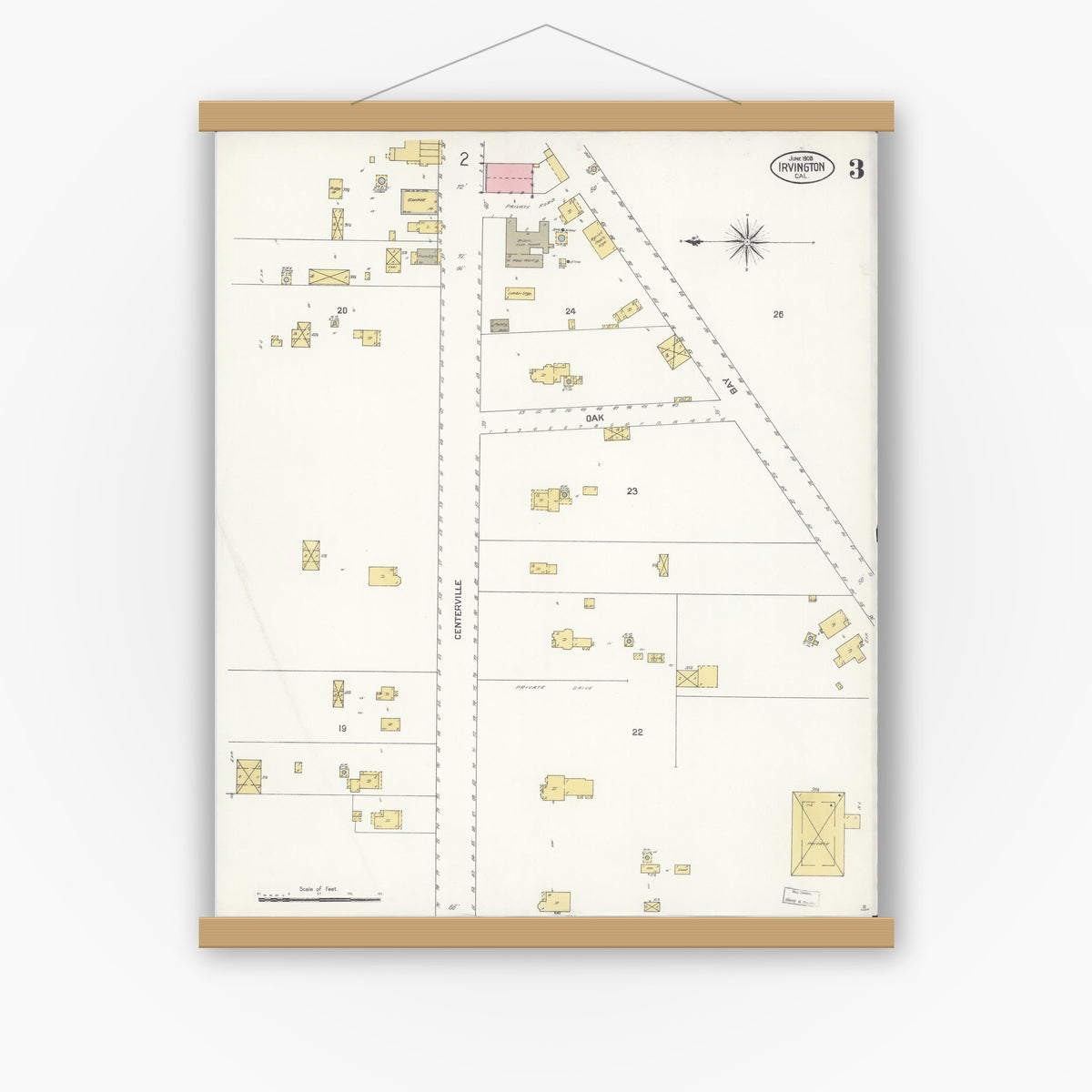 Old map wall art mockup — magnetic wood frame on white wall — Sanborn Fire Insurance Map from Irvington, Alameda County, California (1908), Sheet #0003