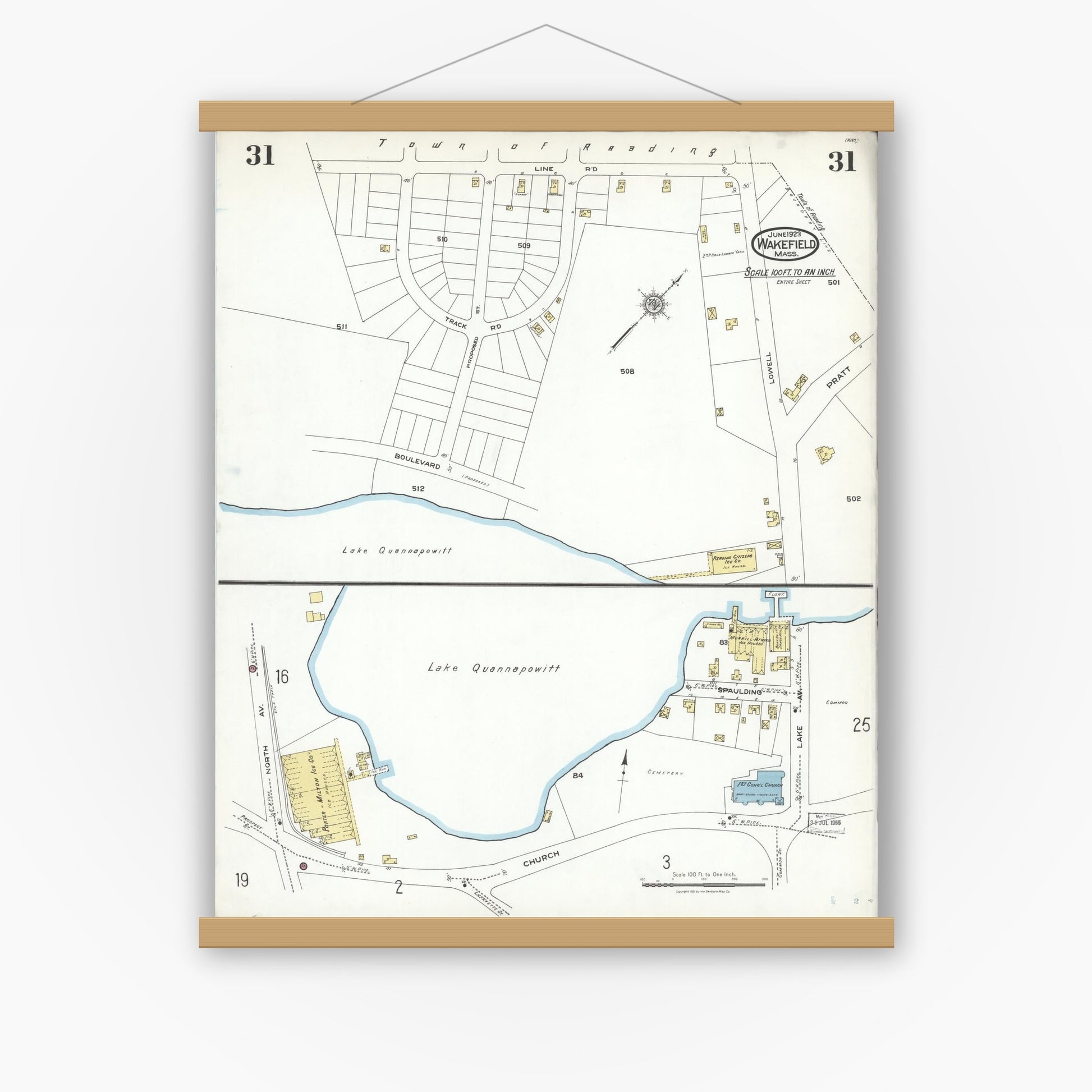 Old map wall art mockup — magnetic wood frame on white wall — Sanborn Fire Insurance Map from Wakefield, Middlesex County, Massachusetts (1923), Sheet #0031