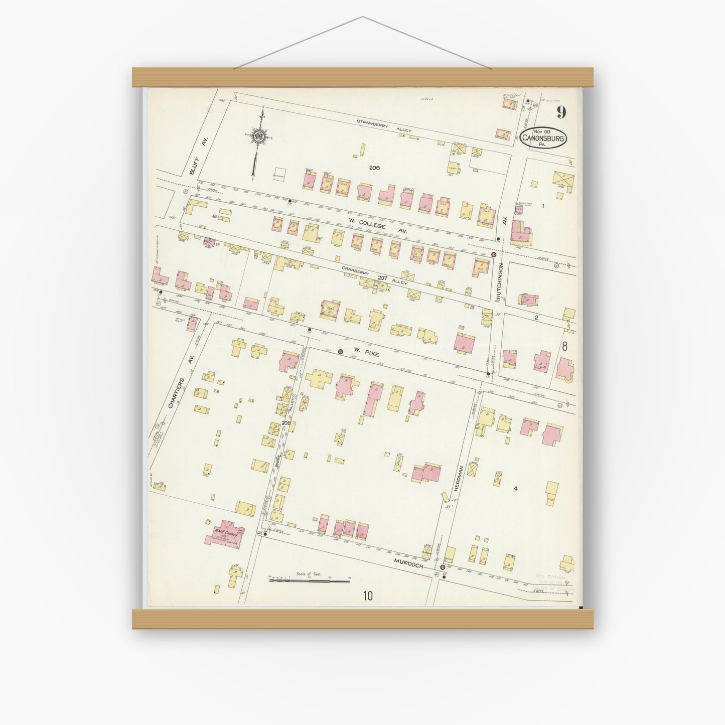 Old map wall art mockup — magnetic wood frame on white wall — Sanborn Fire Insurance Map from Canonsburg, Washington County, Pennsylvania (1913), Sheet #0009