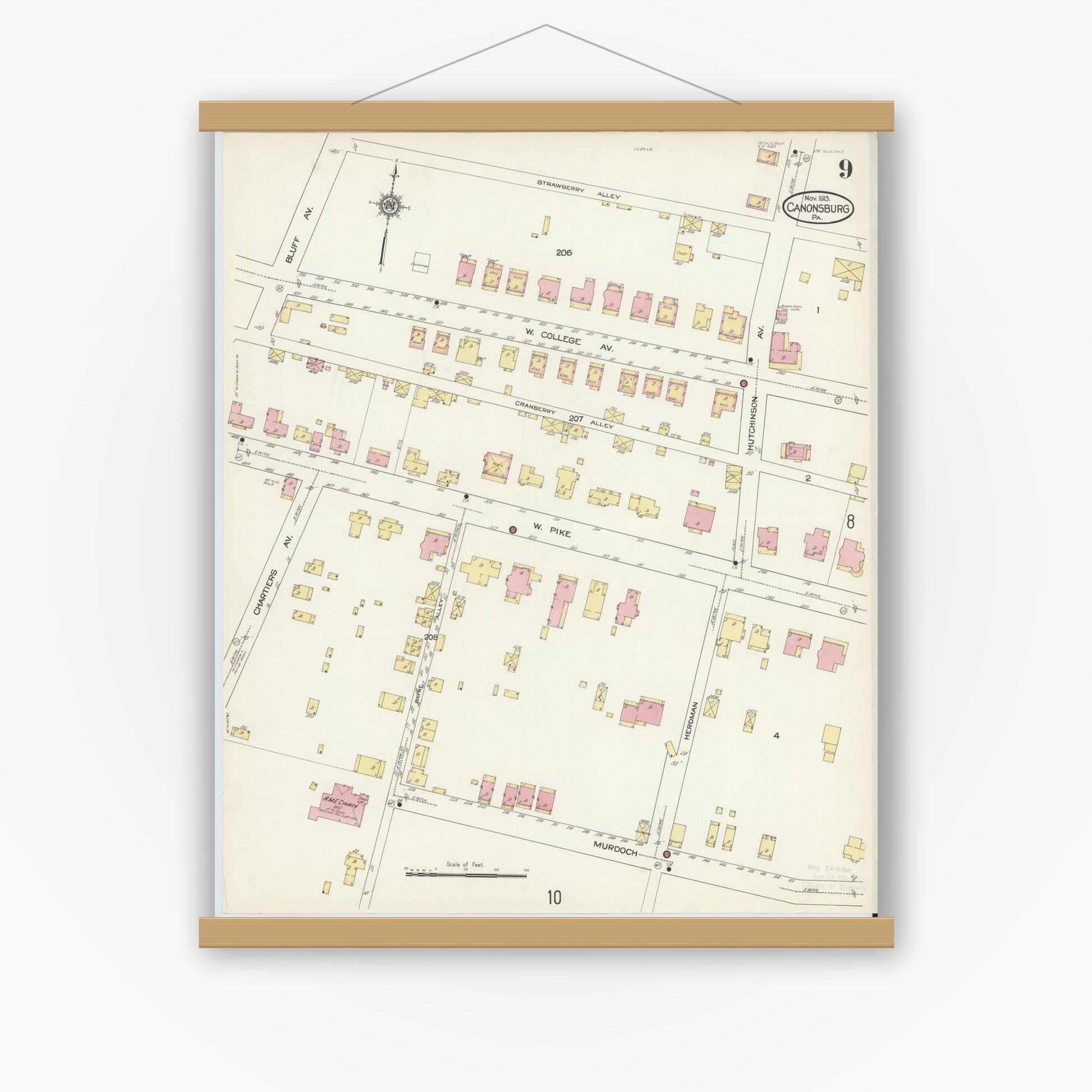Old map wall art mockup — magnetic wood frame on white wall — Sanborn Fire Insurance Map from Canonsburg, Washington County, Pennsylvania (1913), Sheet #0009