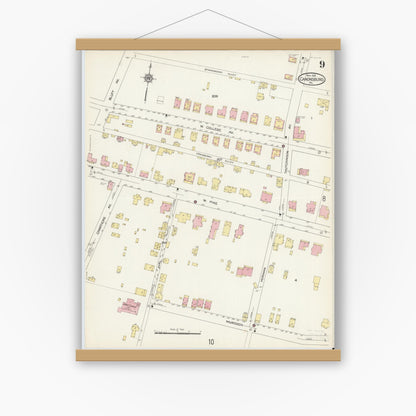 Old map wall art mockup — magnetic wood frame on white wall — Sanborn Fire Insurance Map from Canonsburg, Washington County, Pennsylvania (1913), Sheet #0009