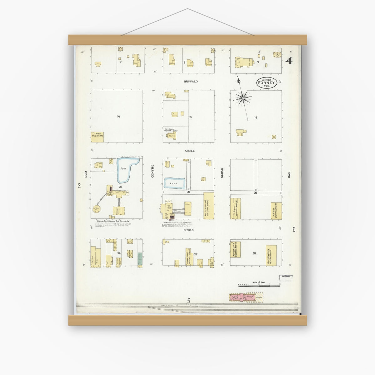 Old map wall art mockup — magnetic wood frame on white wall — Sanborn Fire Insurance Map from Forney, Kaufman County, Texas (1906), Sheet #0004