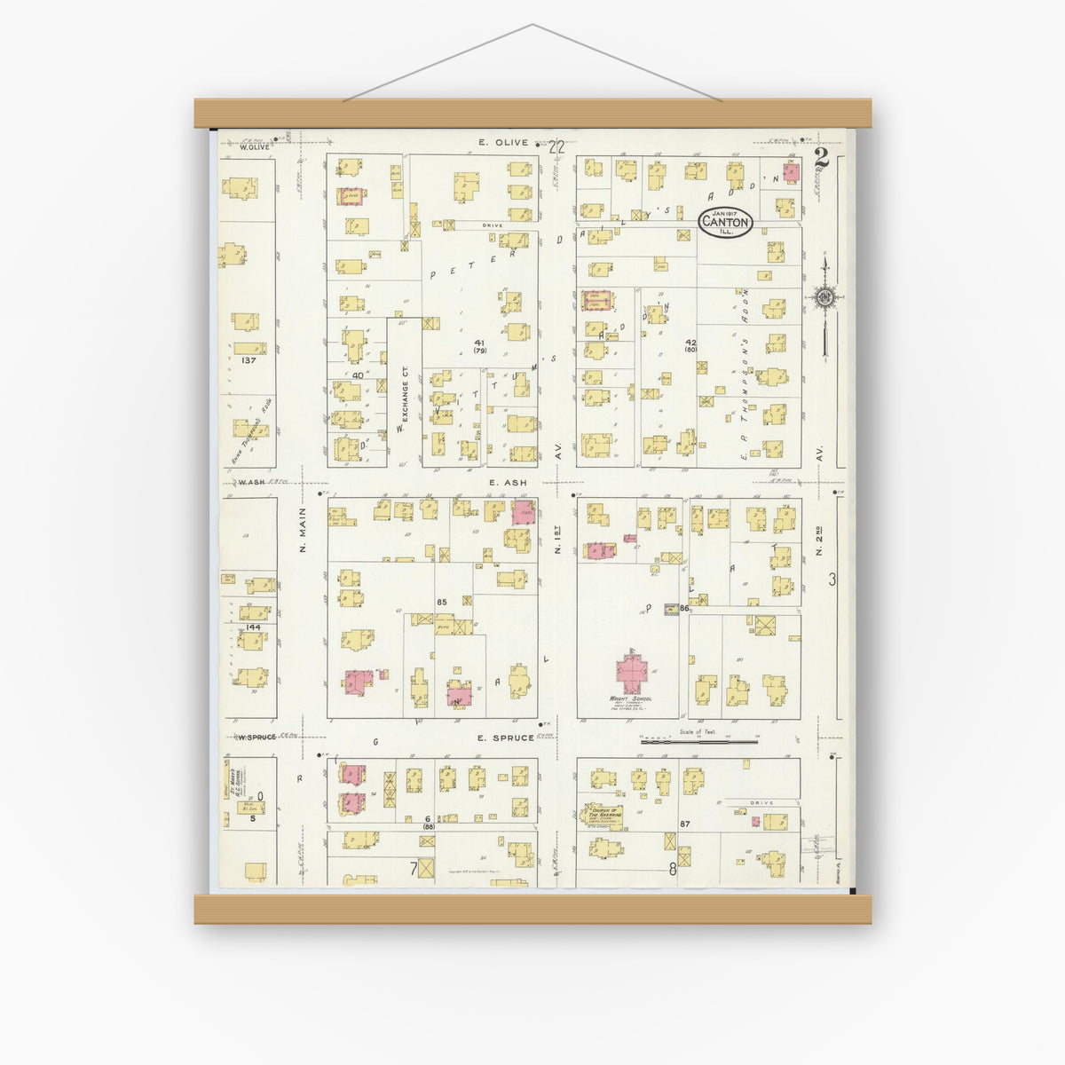 Old map wall art mockup — magnetic wood frame on white wall — Sanborn Fire Insurance Map from Canton, Fulton County, Illinois (1917), Sheet #0002