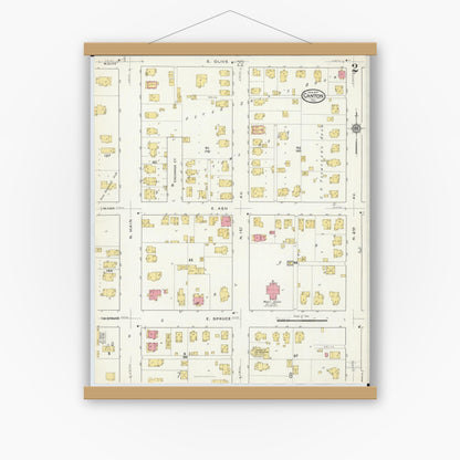 Old map wall art mockup — magnetic wood frame on white wall — Sanborn Fire Insurance Map from Canton, Fulton County, Illinois (1917), Sheet #0002