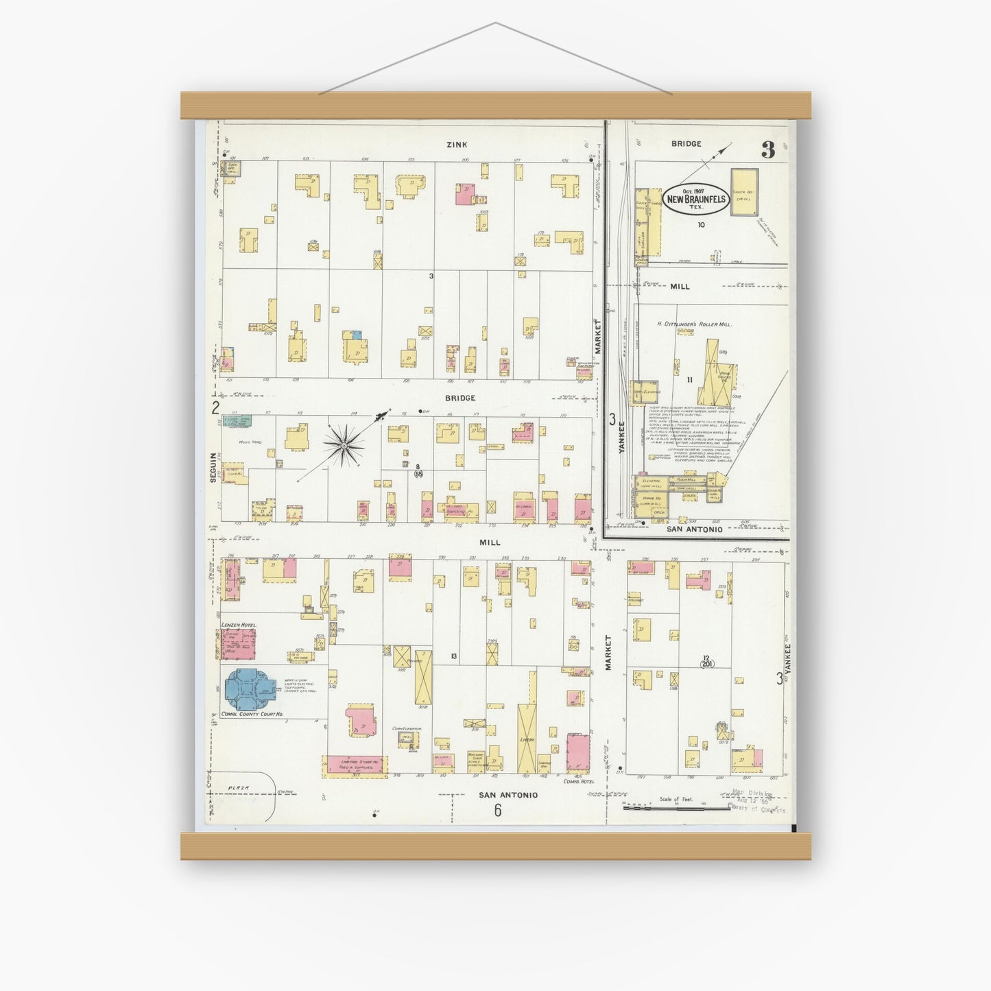 Old map wall art mockup — magnetic wood frame on white wall — Sanborn Fire Insurance Map from New Braunfels, Comal County, Texas (1907), Sheet #0003