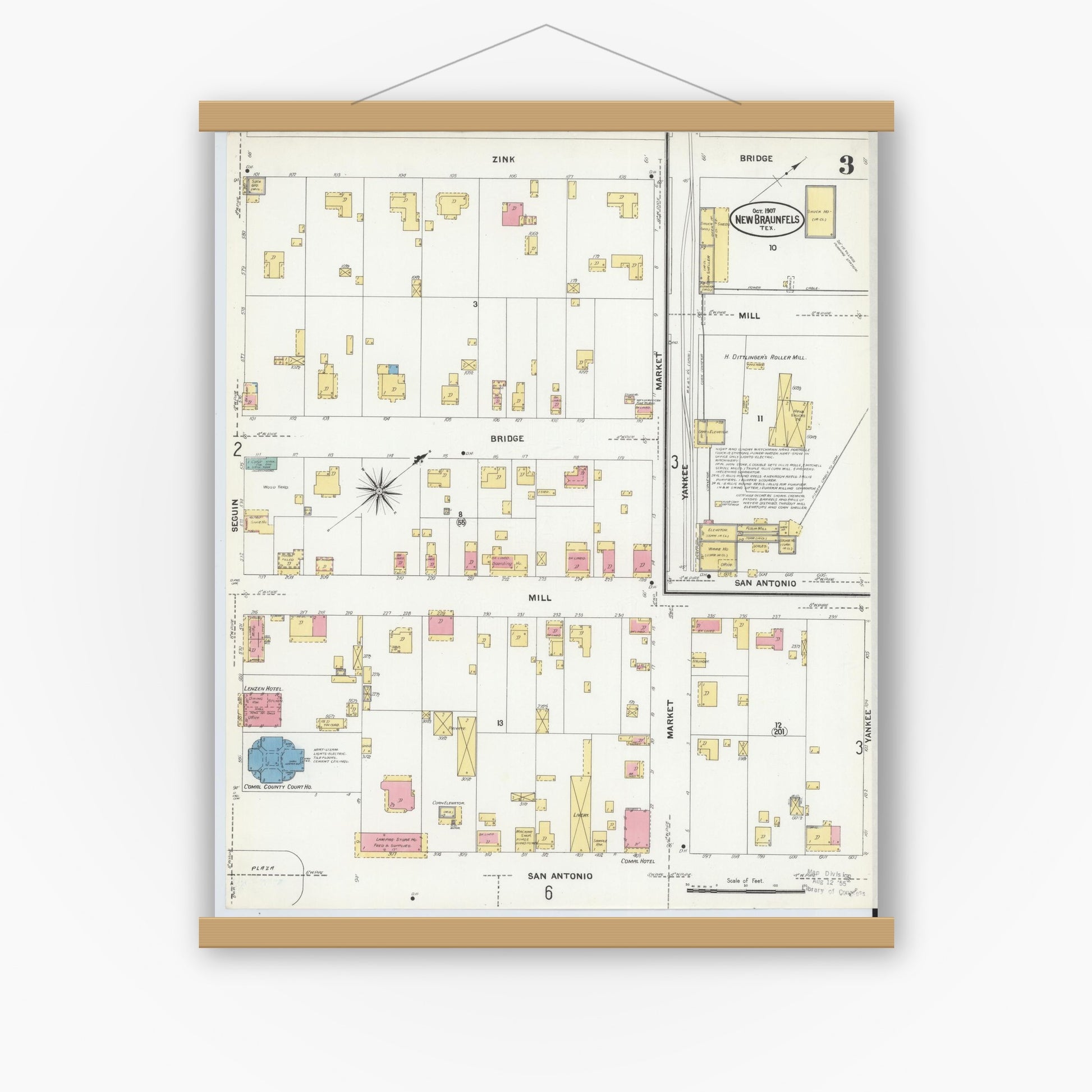 Old map wall art mockup — magnetic wood frame on white wall — Sanborn Fire Insurance Map from New Braunfels, Comal County, Texas (1907), Sheet #0003
