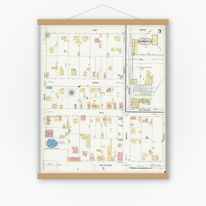 Old map wall art mockup — magnetic wood frame on white wall — Sanborn Fire Insurance Map from New Braunfels, Comal County, Texas (1907), Sheet #0003