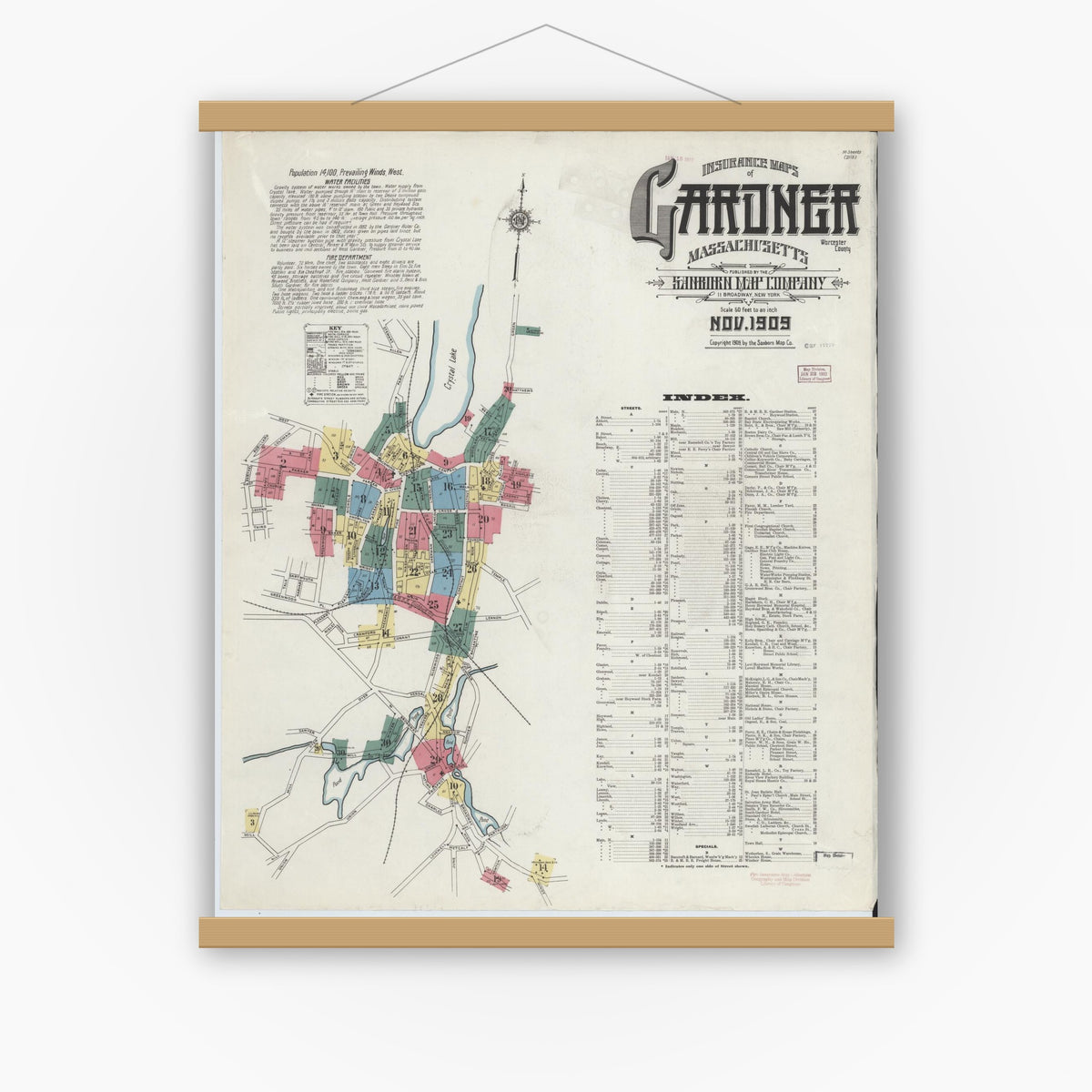 Old map wall art mockup — magnetic wood frame on white wall — Sanborn Fire Insurance Map from Gardner, Worcester County, Massachusetts (1909), Sheet #0001