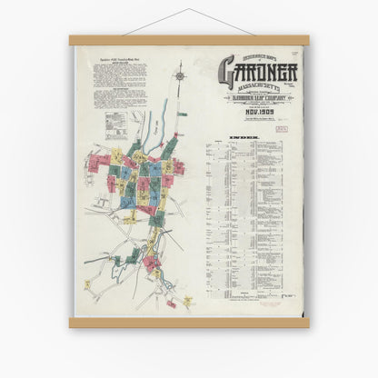 Old map wall art mockup — magnetic wood frame on white wall — Sanborn Fire Insurance Map from Gardner, Worcester County, Massachusetts (1909), Sheet #0001
