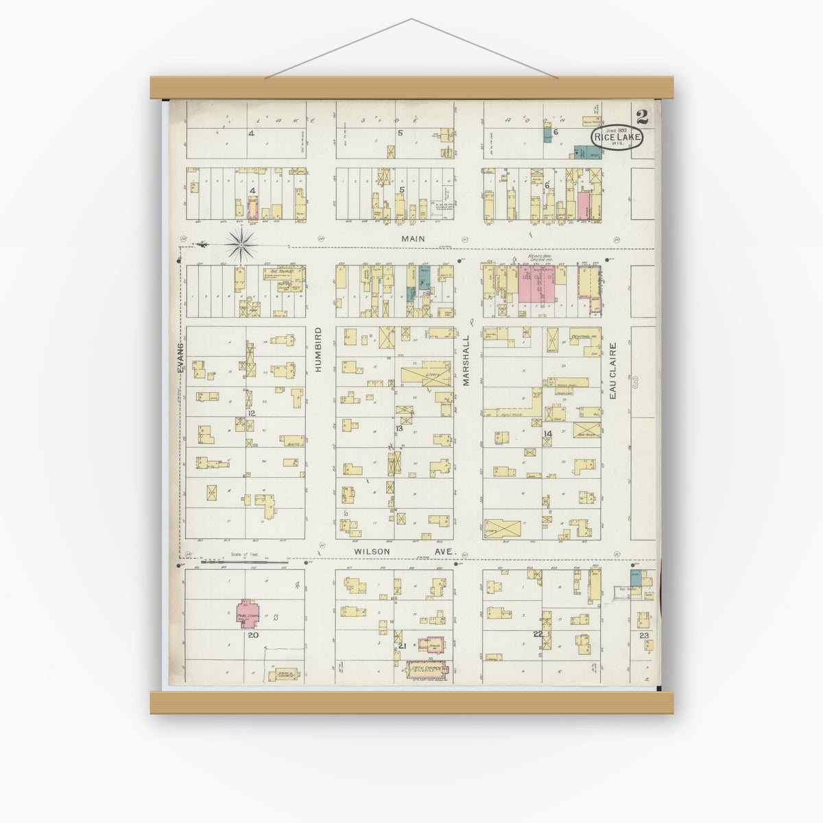 Old map wall art mockup — magnetic wood frame on white wall — Sanborn Fire Insurance Map from Rice Lake, Barron County, Wisconsin (1893), Sheet #0002