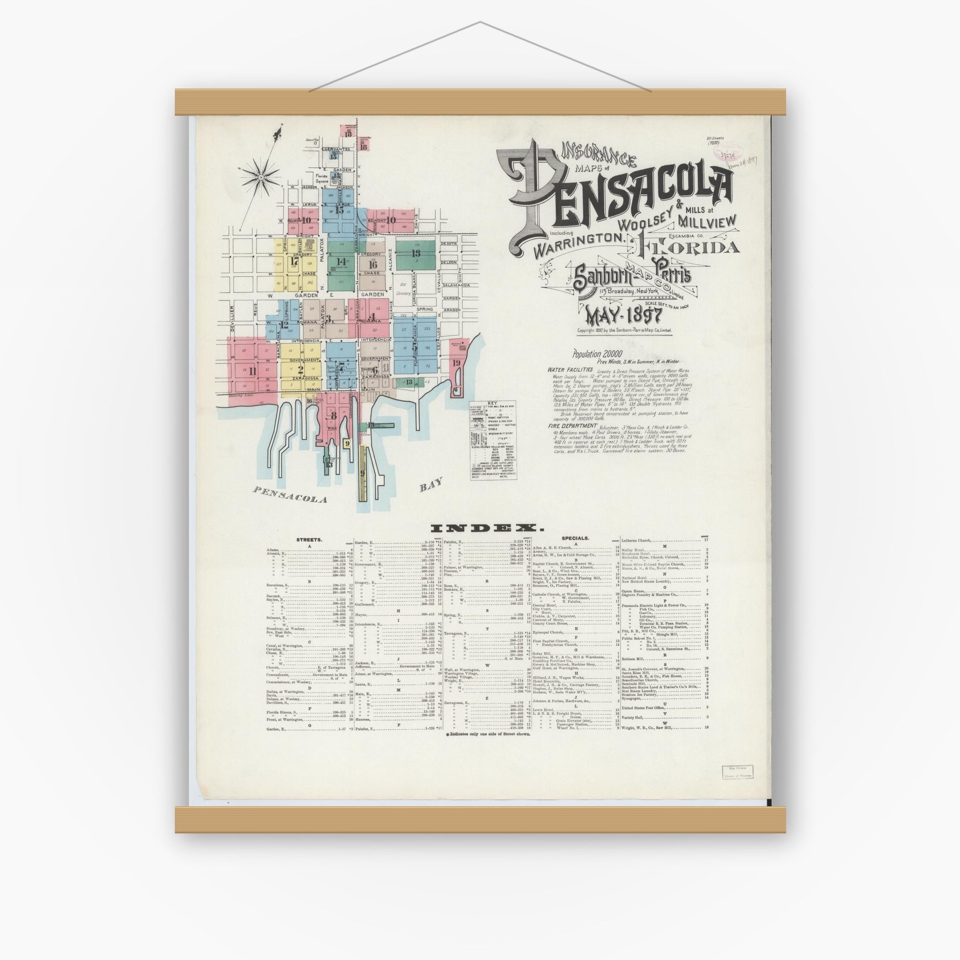 Old map wall art mockup — magnetic wood frame on white wall — Sanborn Fire Insurance Map from Pensacola, Escambia County, Florida (1897) - Complete Map Set