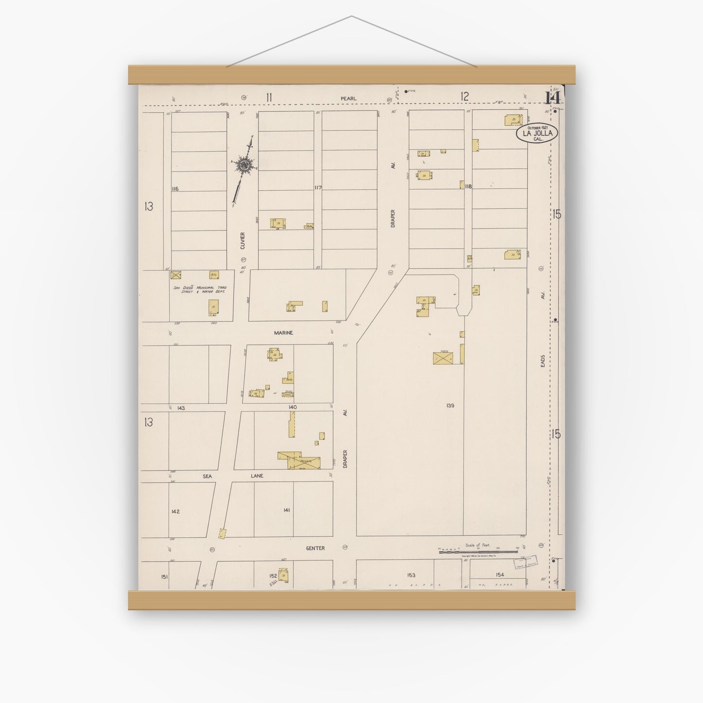 Old map wall art mockup — magnetic wood frame on white wall — Sanborn Fire Insurance Map from La Jolla, San Diego County, California (1921), Sheet #0014