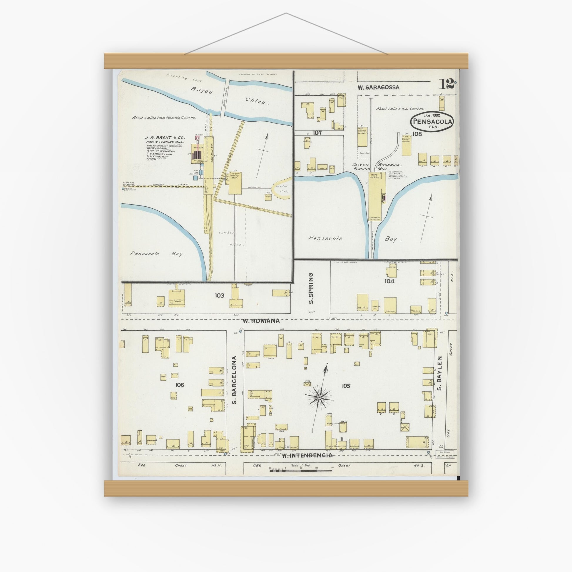 Old map wall art mockup — magnetic wood frame on white wall — Sanborn Fire Insurance Map from Pensacola, Escambia County, Florida (1892), Sheet #0012