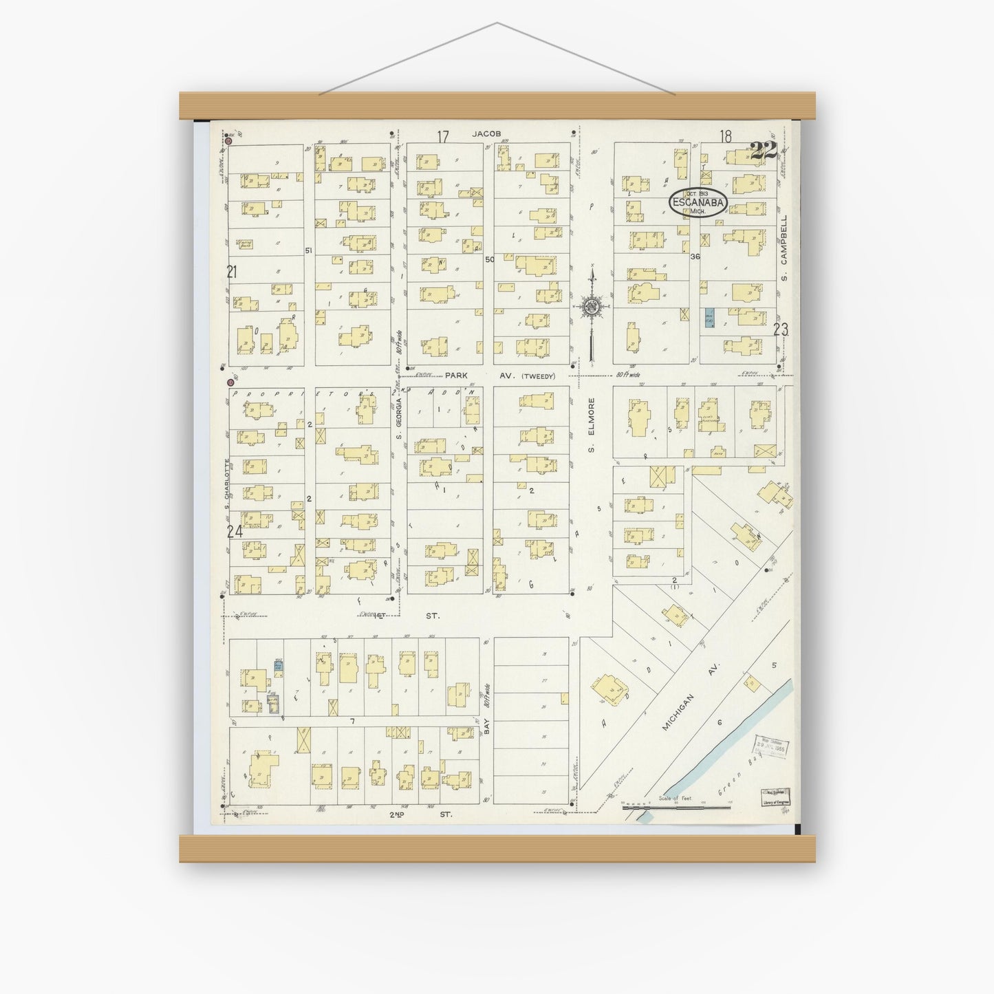 Old map wall art mockup — magnetic wood frame on white wall — Sanborn Fire Insurance Map from Escanaba, Delta County, Michigan (1913), Sheet #0022