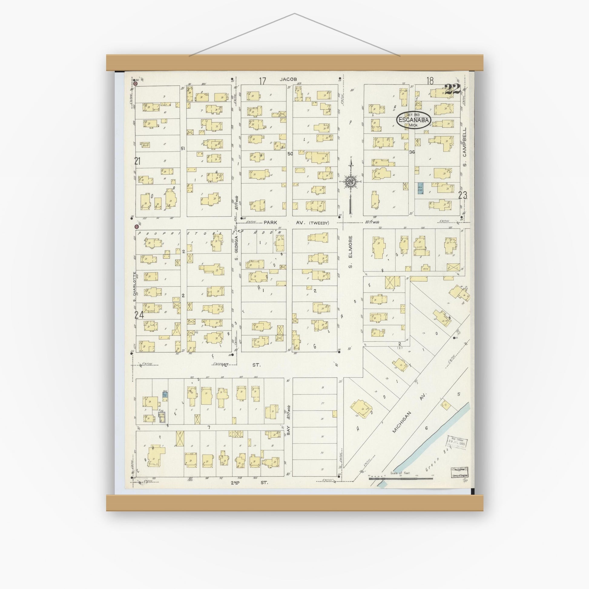 Old map wall art mockup — magnetic wood frame on white wall — Sanborn Fire Insurance Map from Escanaba, Delta County, Michigan (1913), Sheet #0022