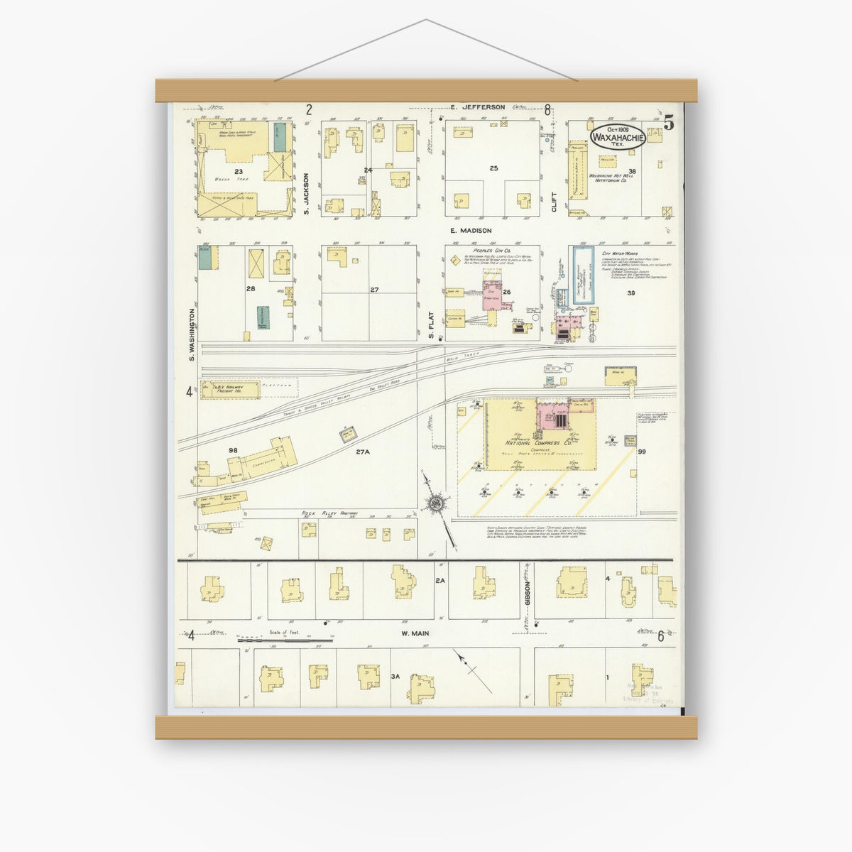 Old map wall art mockup — magnetic wood frame on white wall — Sanborn Fire Insurance Map from Waxahachie, Ellis County, Texas (1909), Sheet #0005