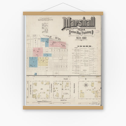 Old map wall art mockup — magnetic wood frame on white wall — Sanborn Fire Insurance Map from Marshall, Harrison County, Texas (1885), Sheet #0001