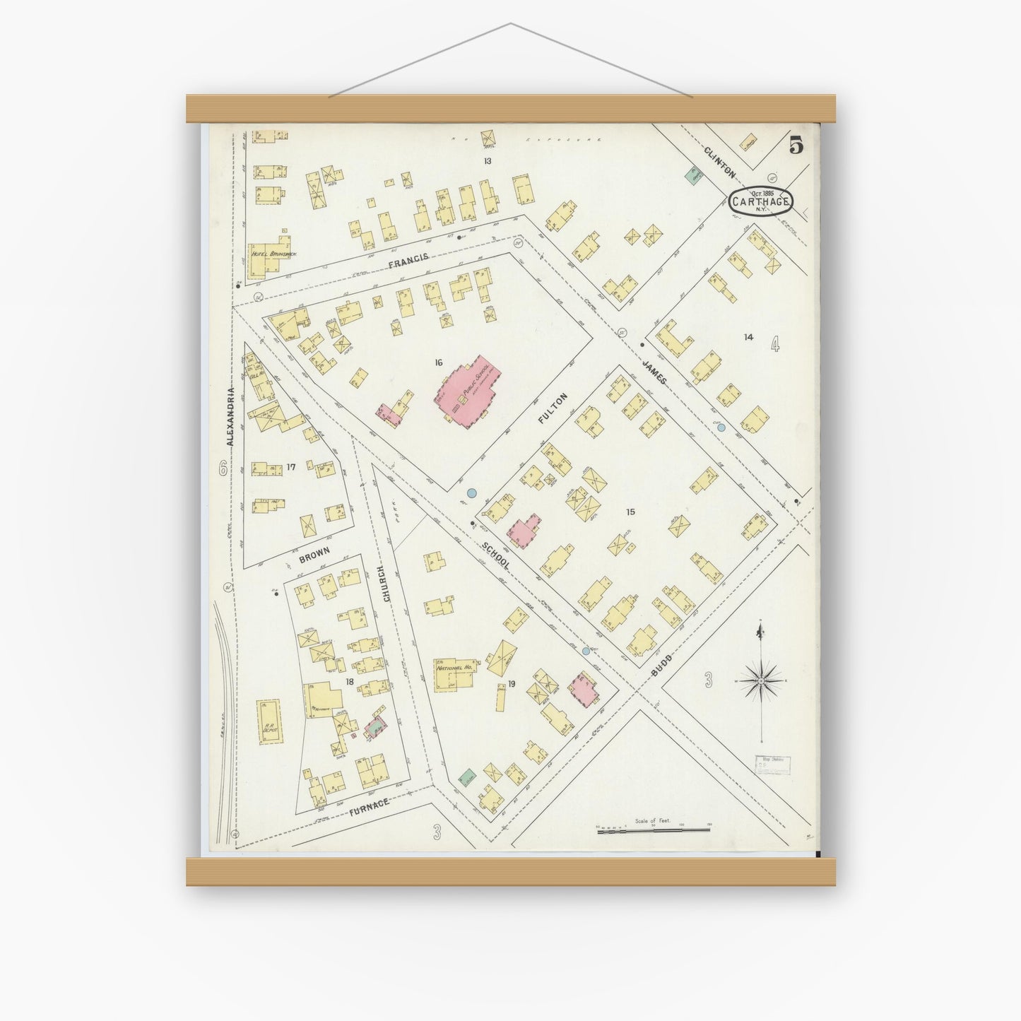 Old map wall art mockup — magnetic wood frame on white wall — Sanborn Fire Insurance Map from Carthage, Jefferson County, New York (1895), Sheet #0005
