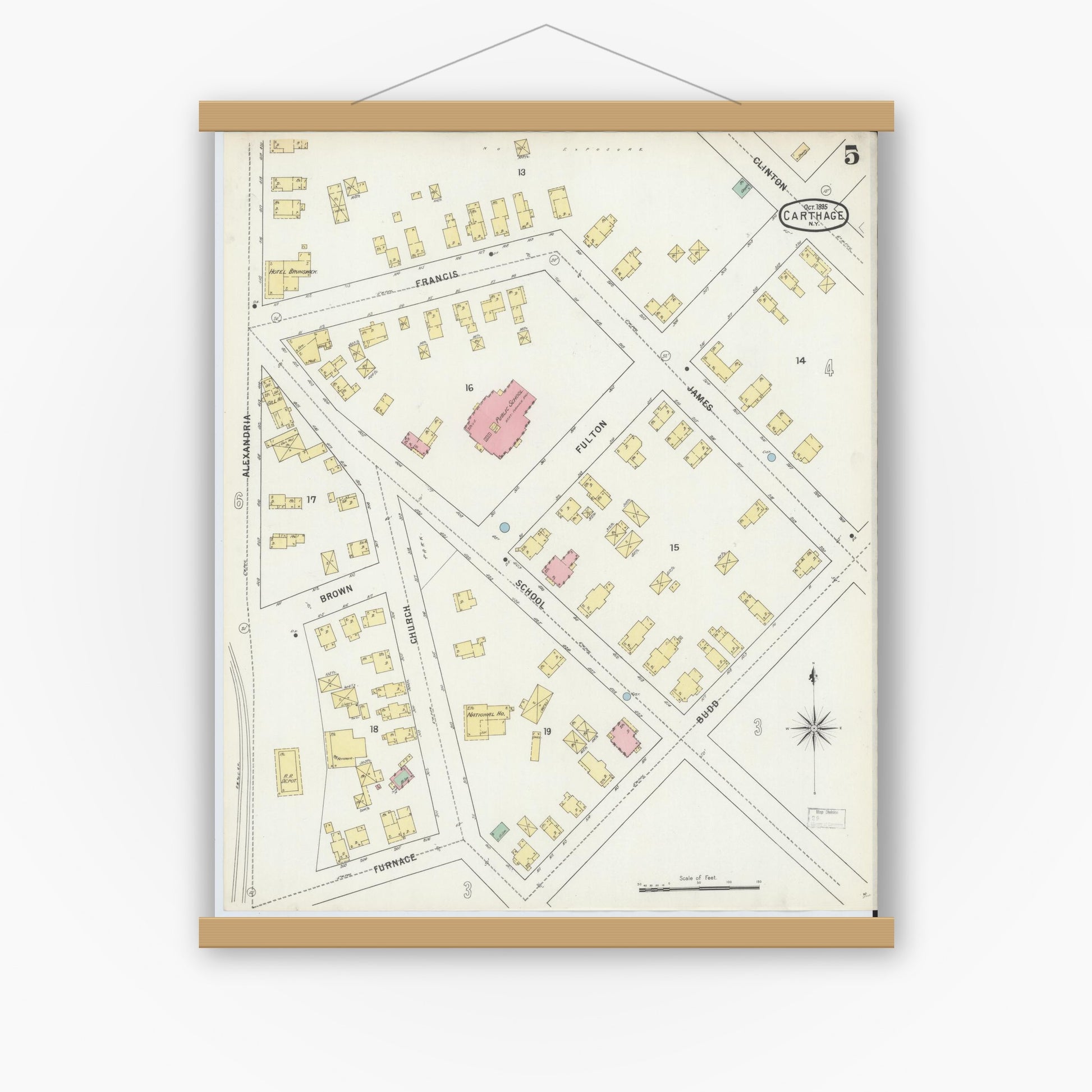Old map wall art mockup — magnetic wood frame on white wall — Sanborn Fire Insurance Map from Carthage, Jefferson County, New York (1895), Sheet #0005