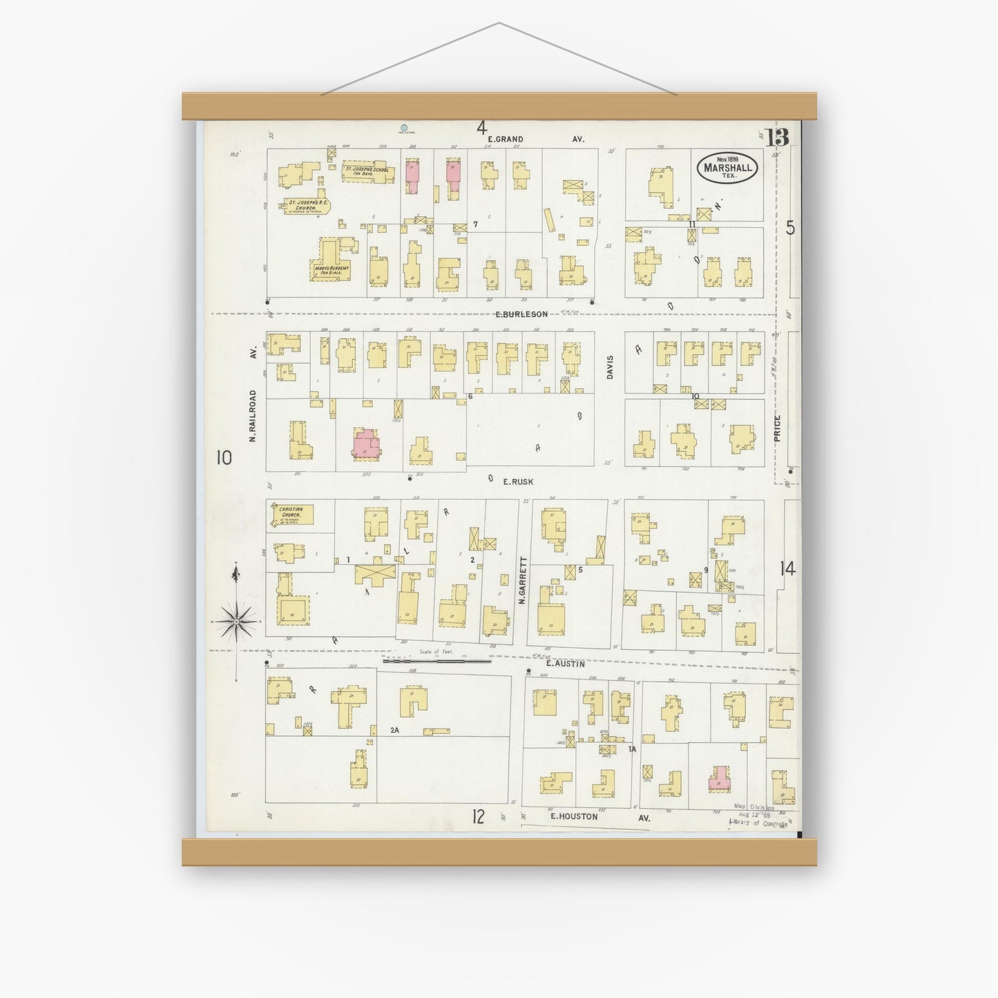 Old map wall art mockup — magnetic wood frame on white wall — Sanborn Fire Insurance Map from Marshall, Harrison County, Texas (1899), Sheet #0013
