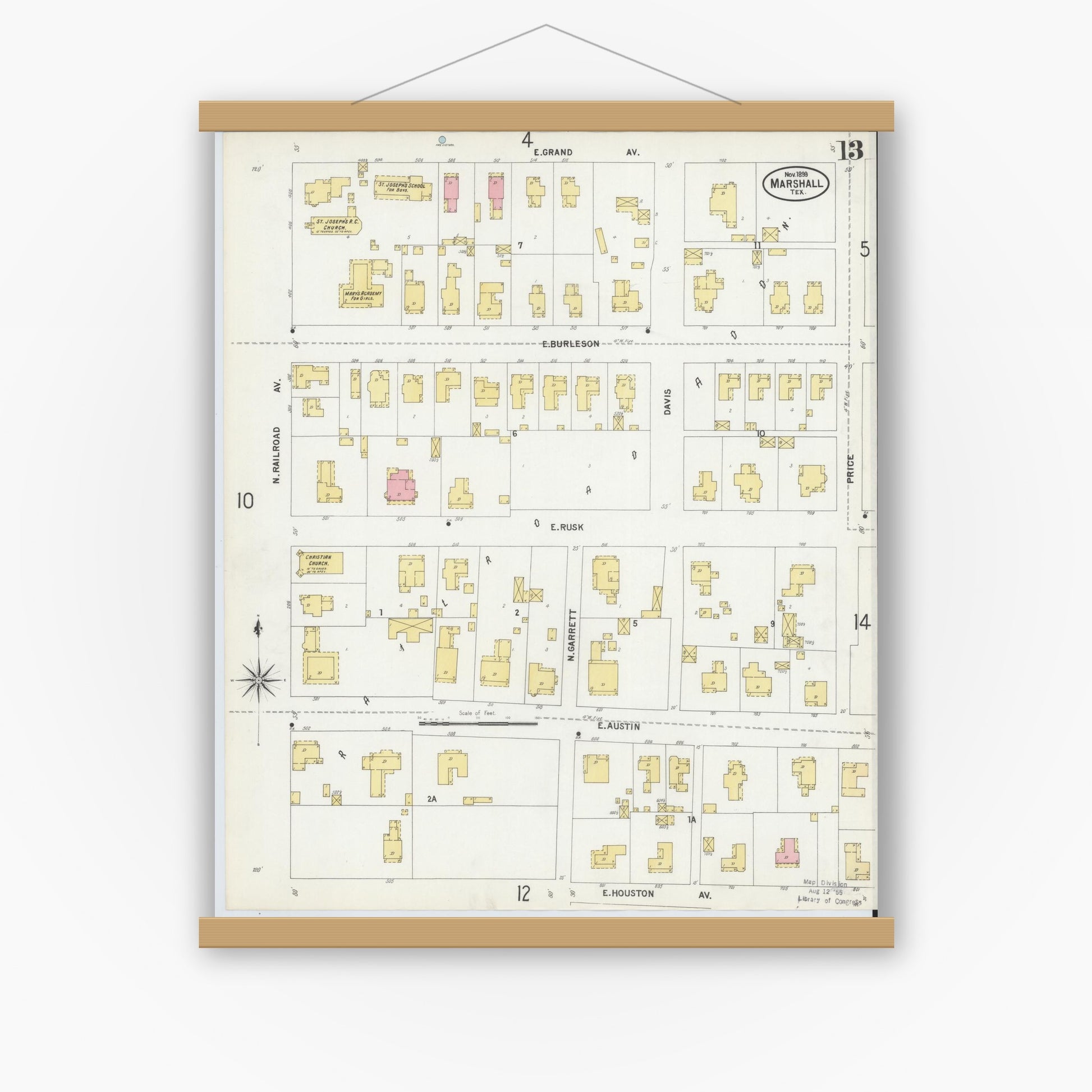 Old map wall art mockup — magnetic wood frame on white wall — Sanborn Fire Insurance Map from Marshall, Harrison County, Texas (1899), Sheet #0013