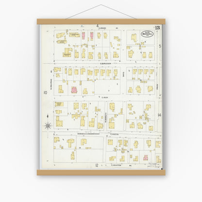 Old map wall art mockup — magnetic wood frame on white wall — Sanborn Fire Insurance Map from Marshall, Harrison County, Texas (1899), Sheet #0013