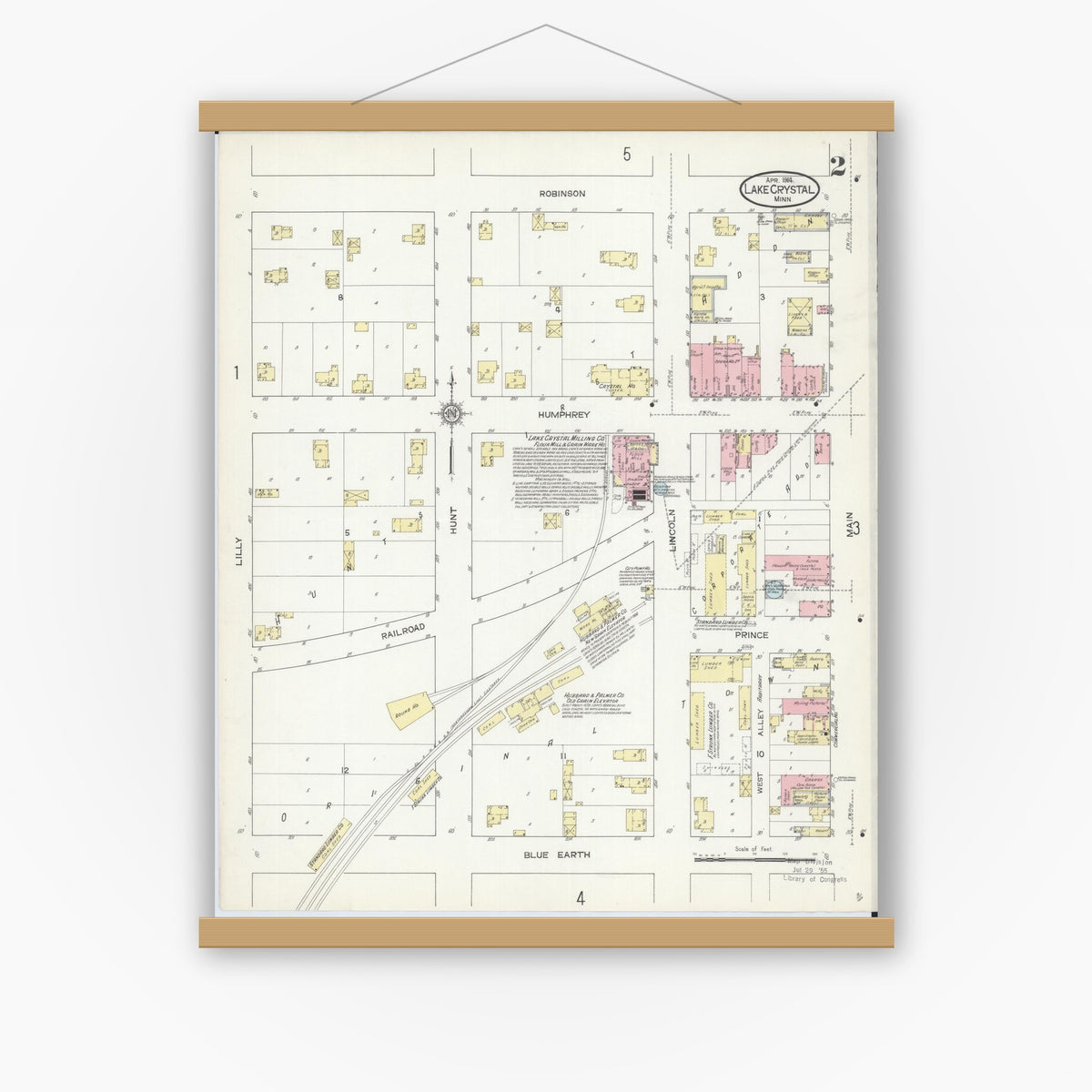 Old map wall art mockup — magnetic wood frame on white wall — Sanborn Fire Insurance Map from Lake Crystal, Blue Earth County, Minnesota (1914), Sheet #0002